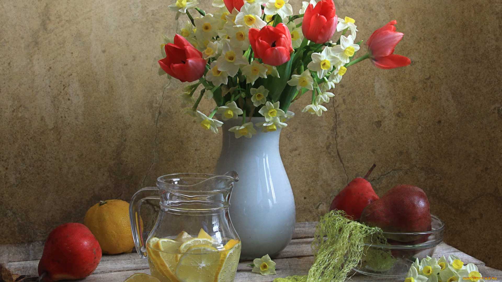еда, натюрморт, груши, лимон, тюльпаны, нарциссы