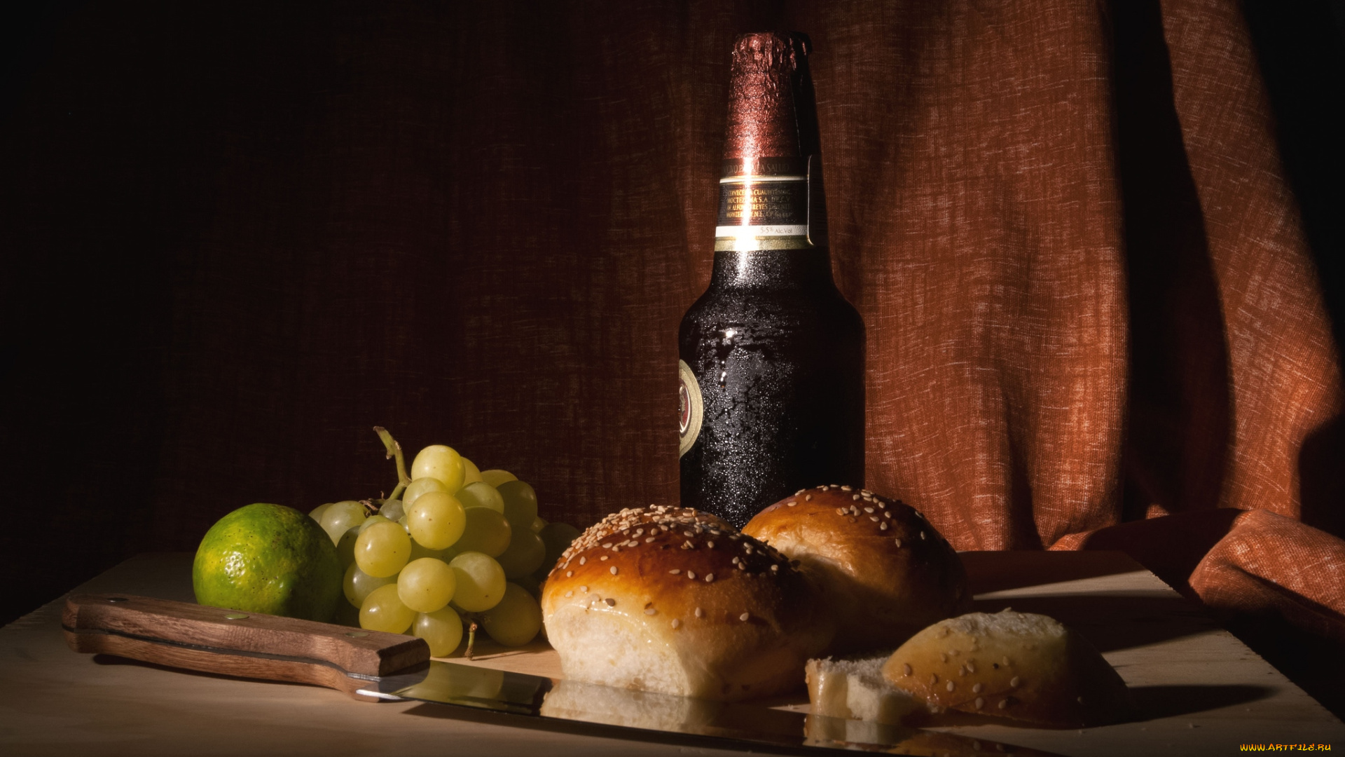 еда, натюрморт, лайс, булочка, пиво, виноград