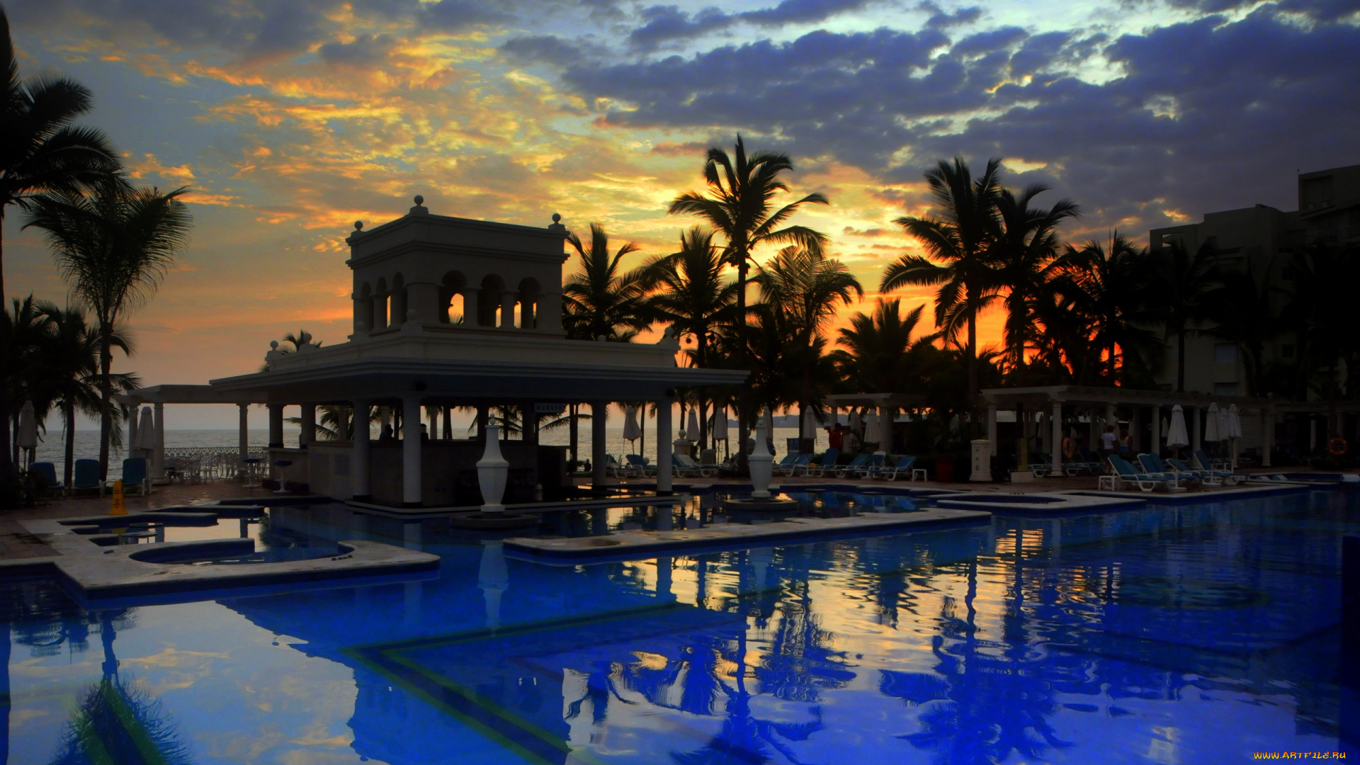 интерьер, бассейны, открытые, площадки, пуэрто-вальярта, мексика, тихий, океан, закат, тропики, пальмы, отдых