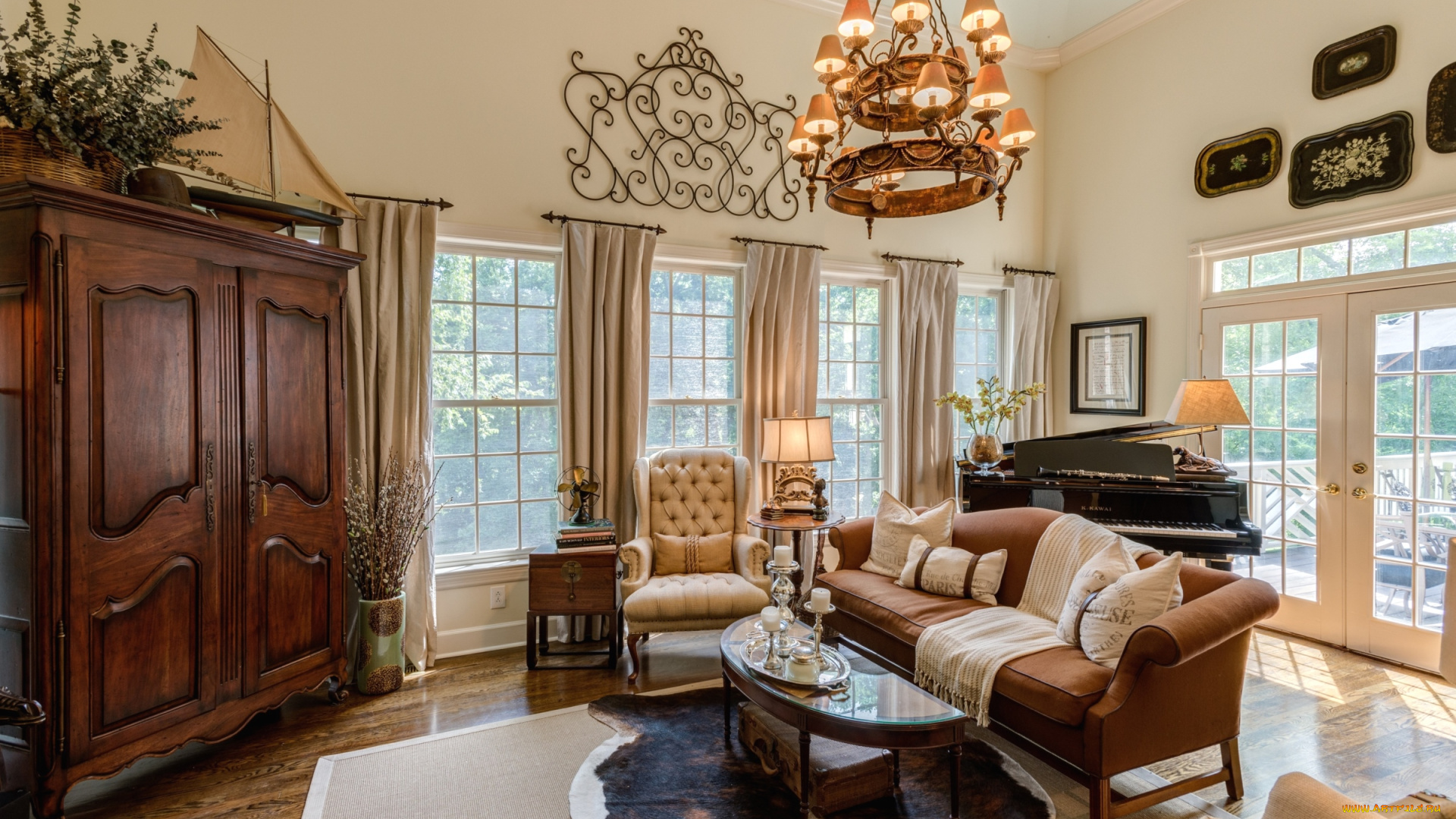 интерьер, гостиная, диван, шкаф, кресло, окна, люстра