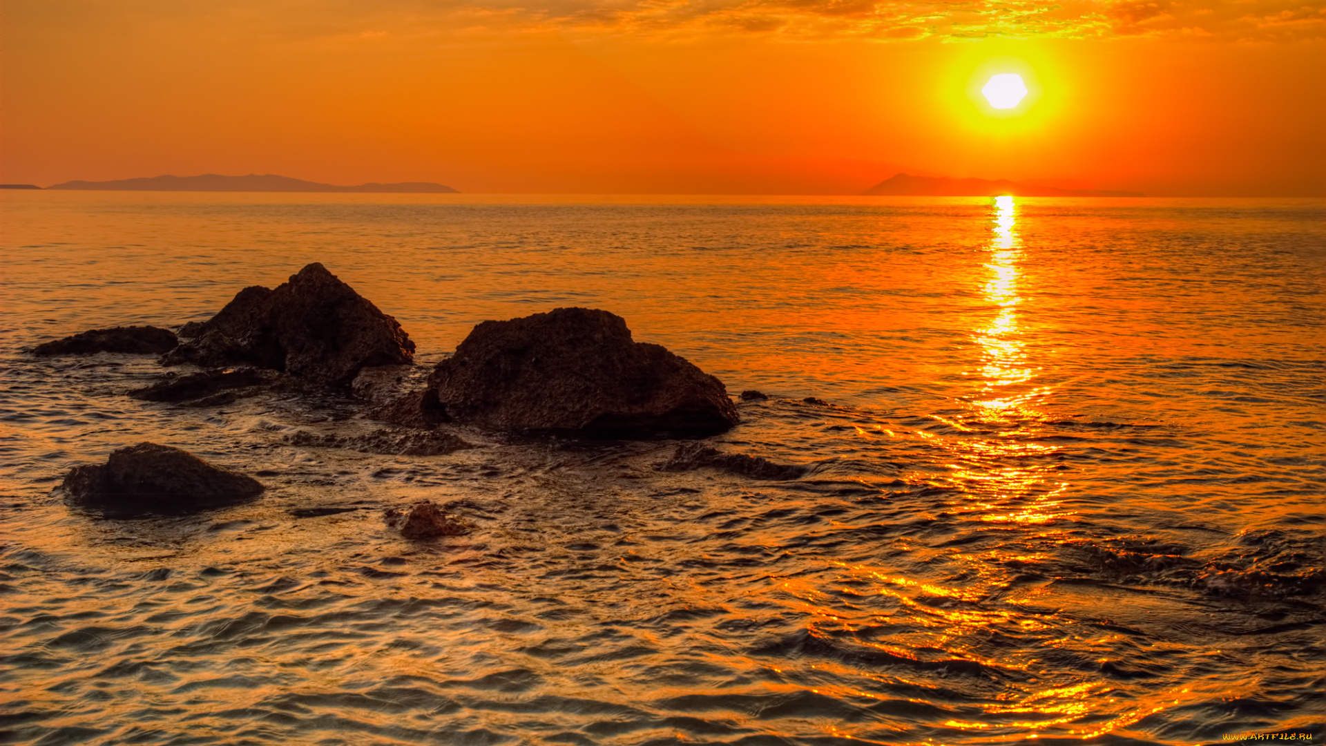 природа, восходы, закаты, дымка, горизонт, океан, острова, камни, солнце, свет