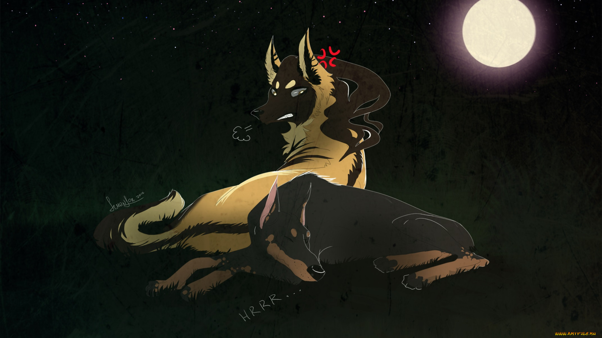 рисованные, животные, сказочные, мифические, волки, ночь, луна