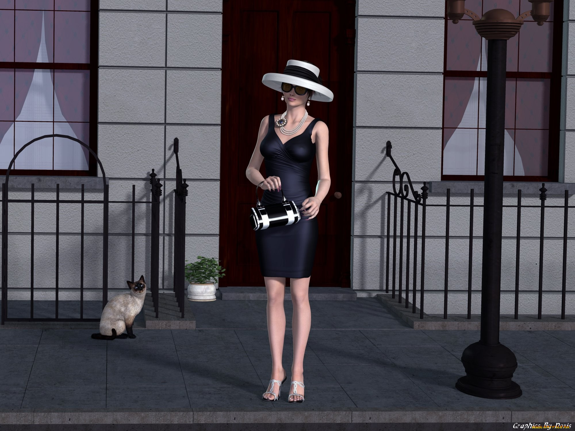 3д, графика, people, люди, сумочка, кот, шляпа, девушка