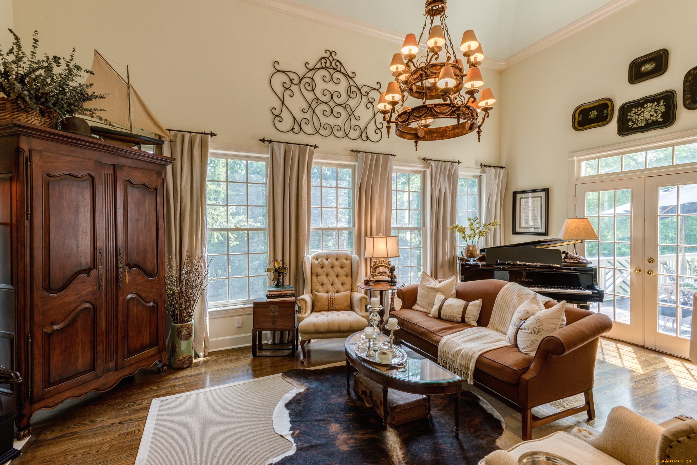 интерьер, гостиная, диван, шкаф, кресло, окна, люстра