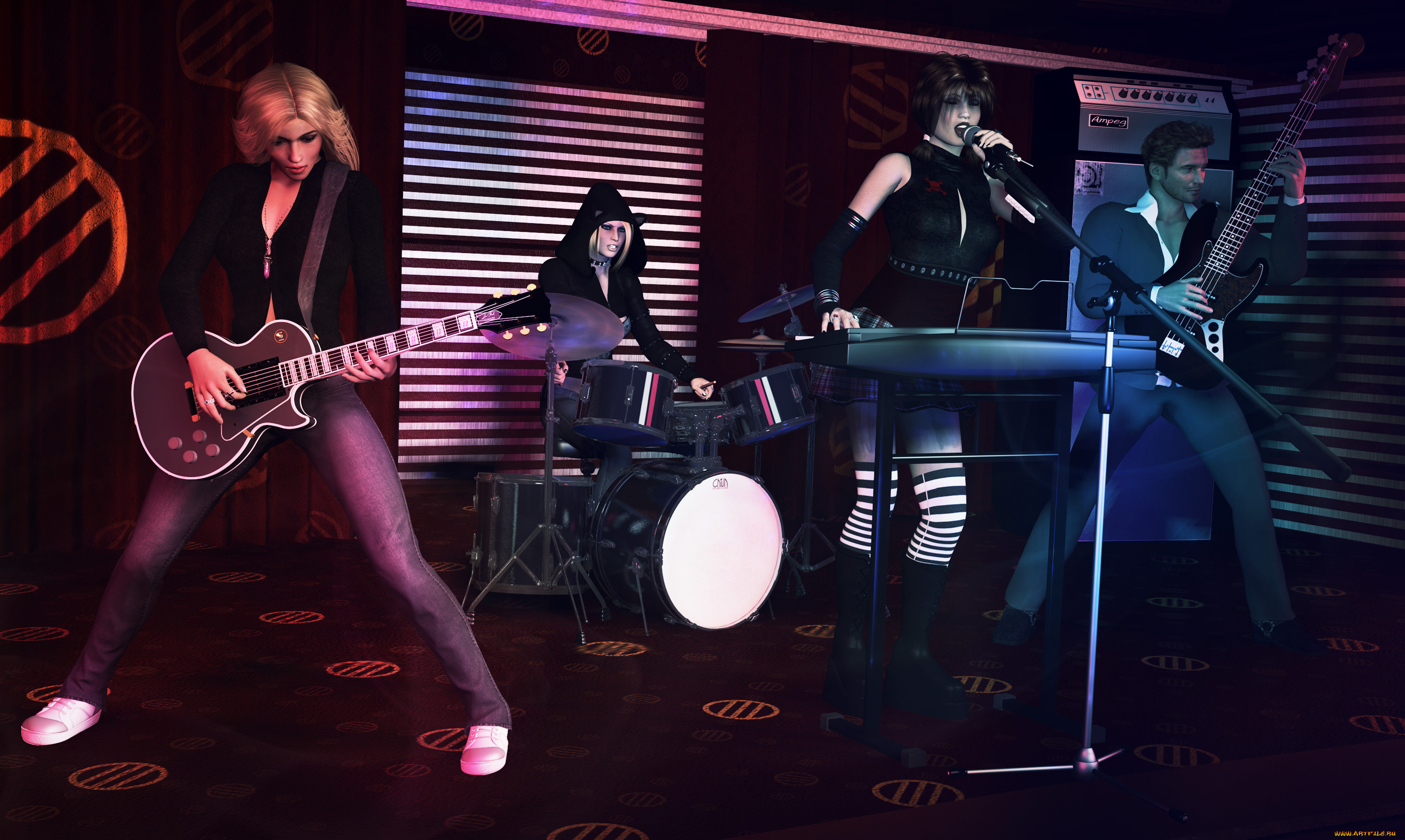 3д, графика, people, люди, сцена, музыкальные, инструменты, група