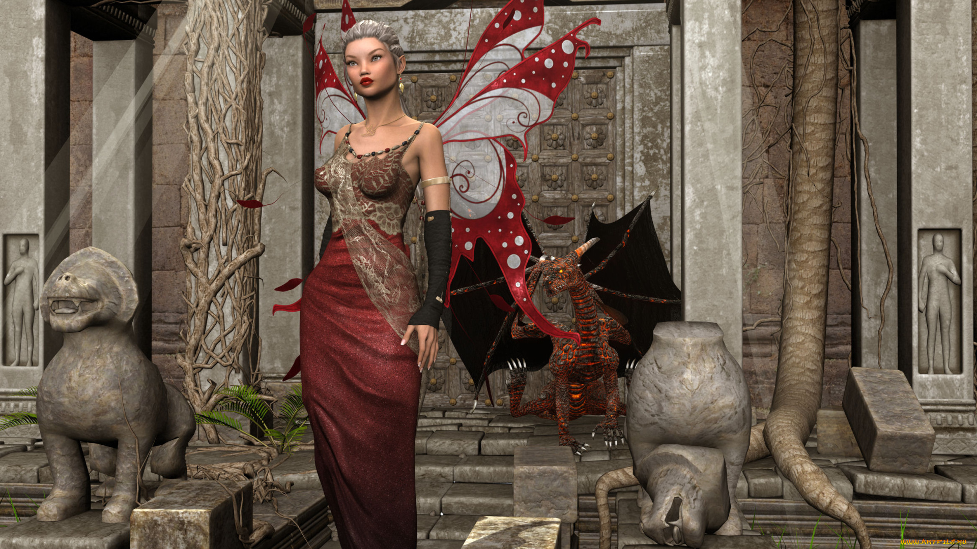 3д, графика, эльфы, , elves, взгляд, девушка, крылья, скульптуры