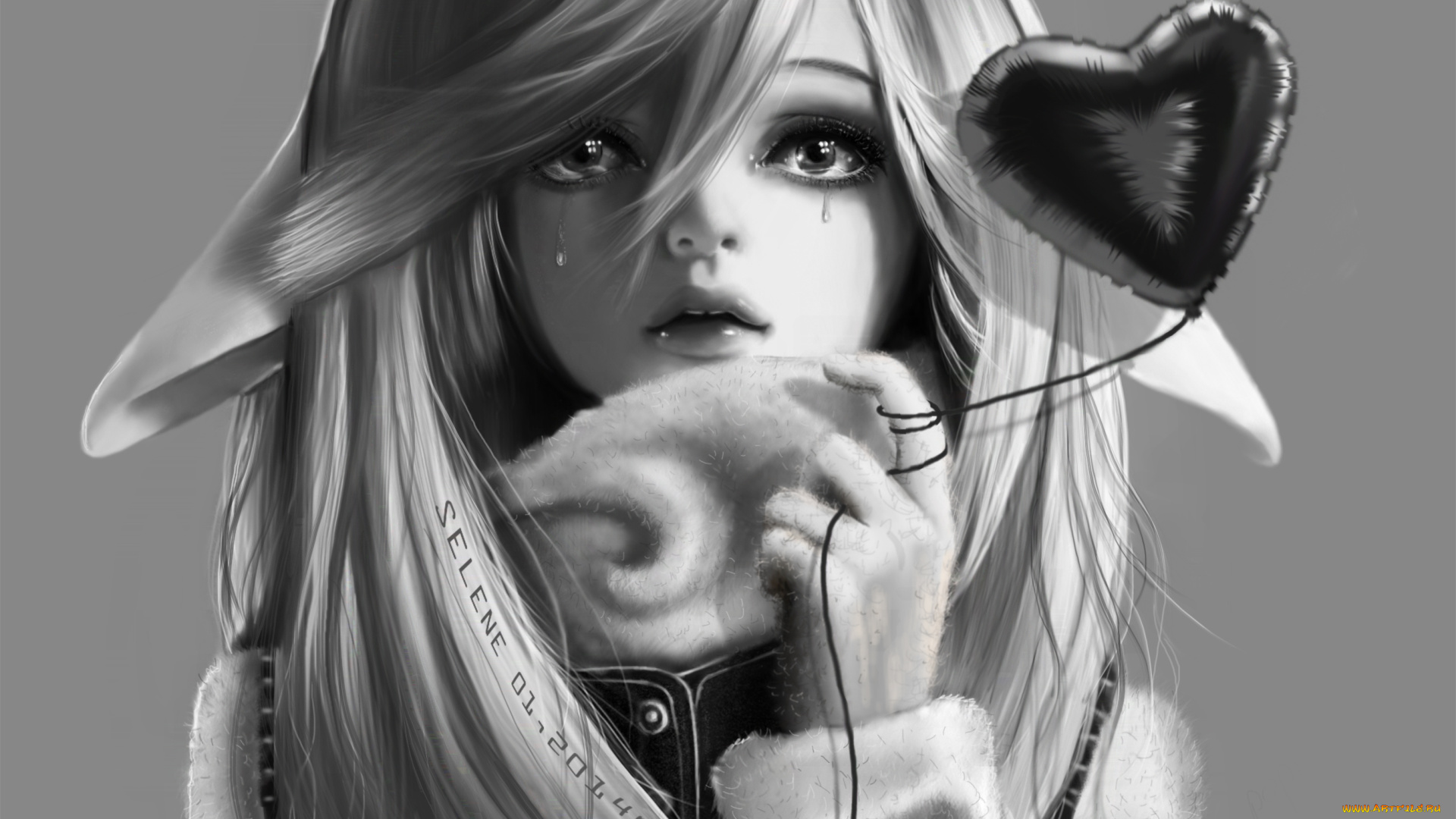 аниме, -animals, &, creatures, веревочка, сердце, черно-белое, рука, слезы, глаза, взгляд, арт