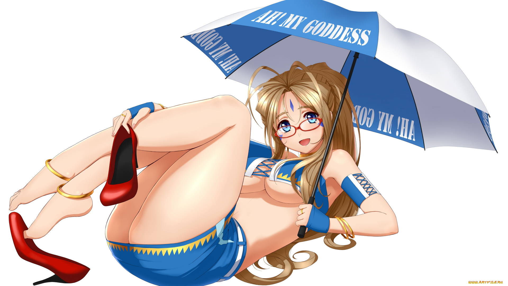 аниме, ah, , my, goddess, туфли, зонт, белый, фон, арт, девушка