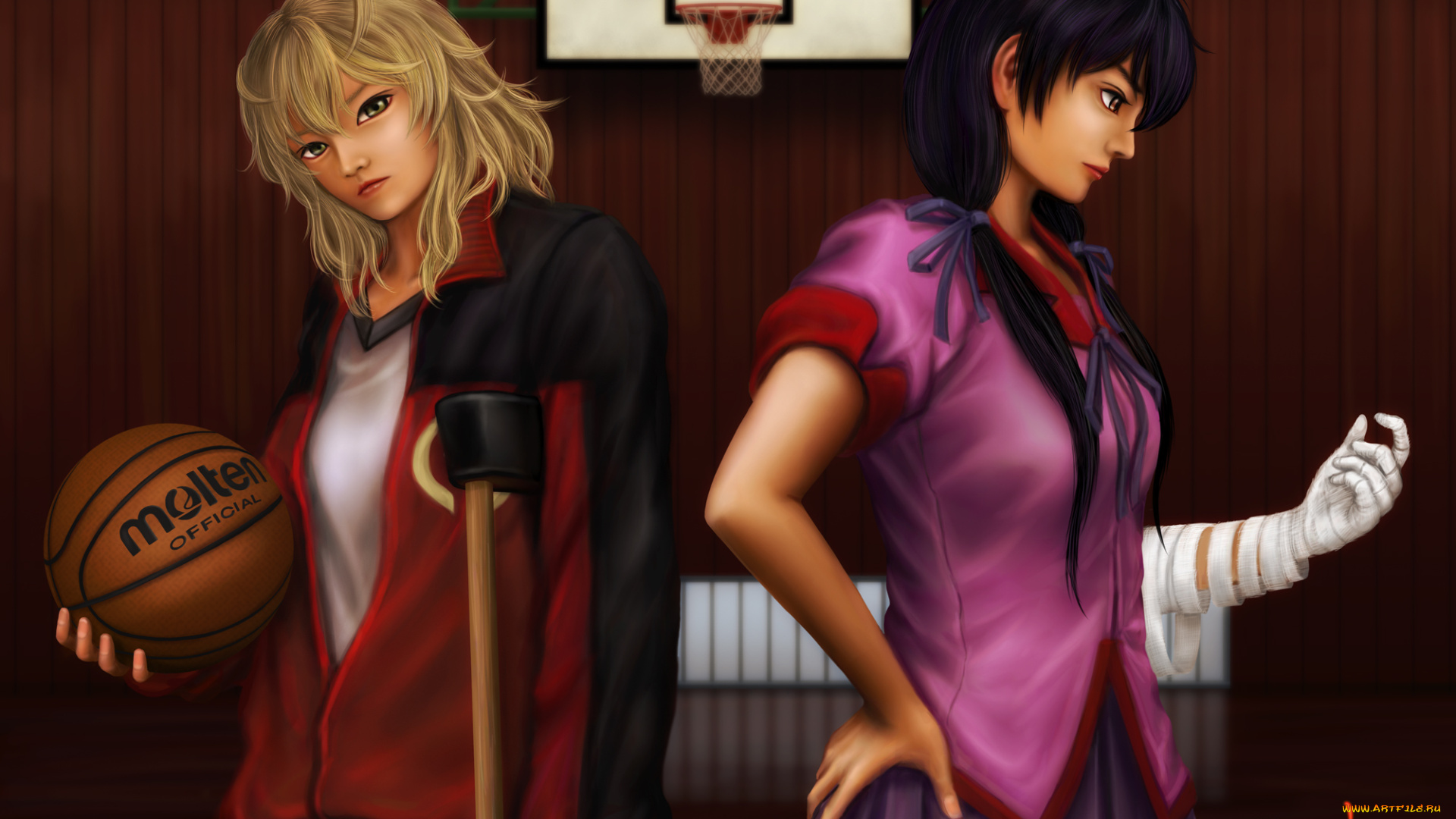 аниме, bakemonogatari, арт, мяч, девушки, щит, кольцо, бинт, костыль, форма, спортивный, зал