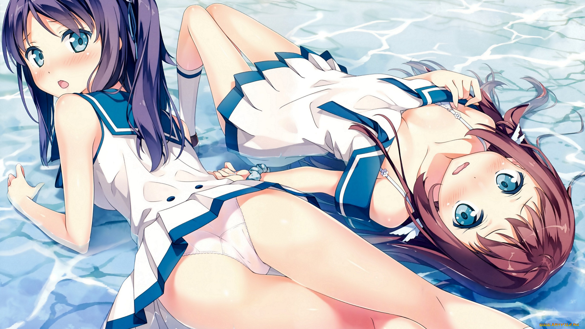 аниме, kantoku, , artbook, nagi, no, asukara, девушки, kantoku, вода, art, mukaido, manaka, смущение, взгляд, удивление, трусики, hiradaira, chisaki