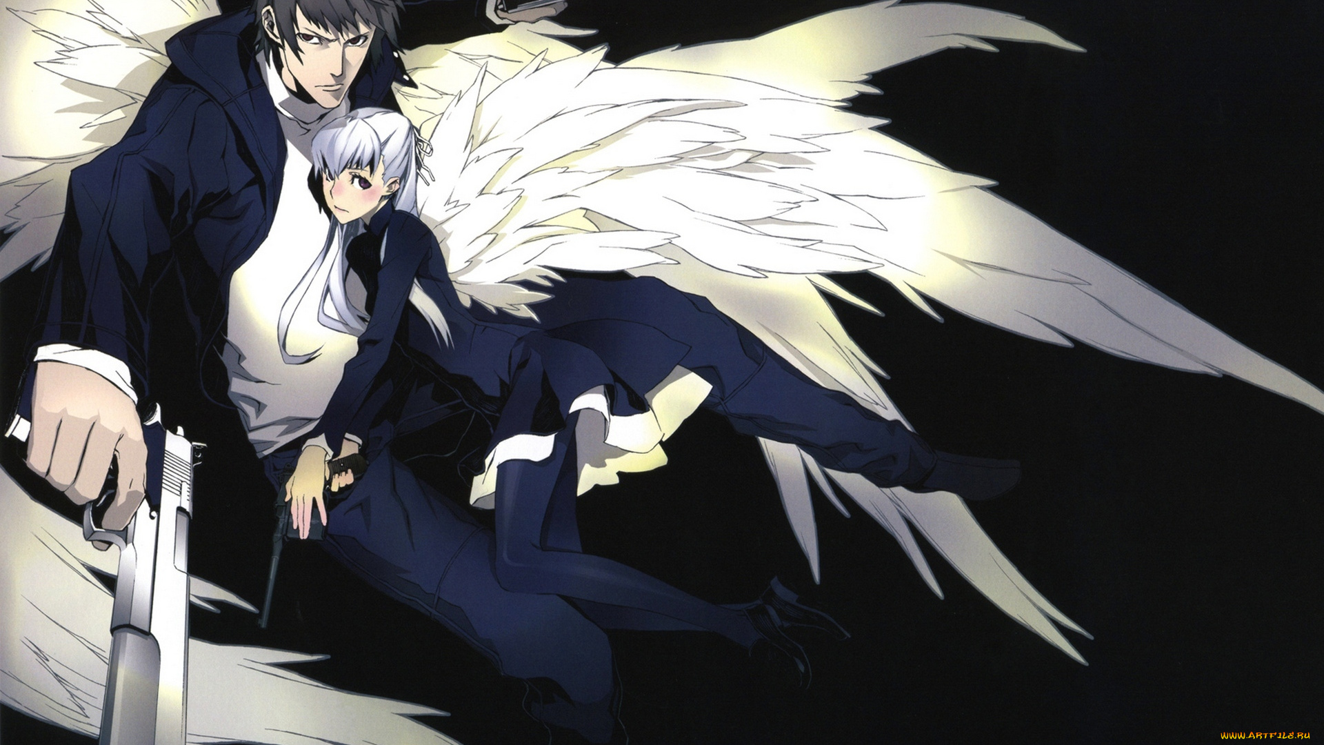 аниме, miwa, shirow, , artbook, пистолеты, оружие, крылья, парень, девушка, henri, angelos, armas, miwa, shirow, арт