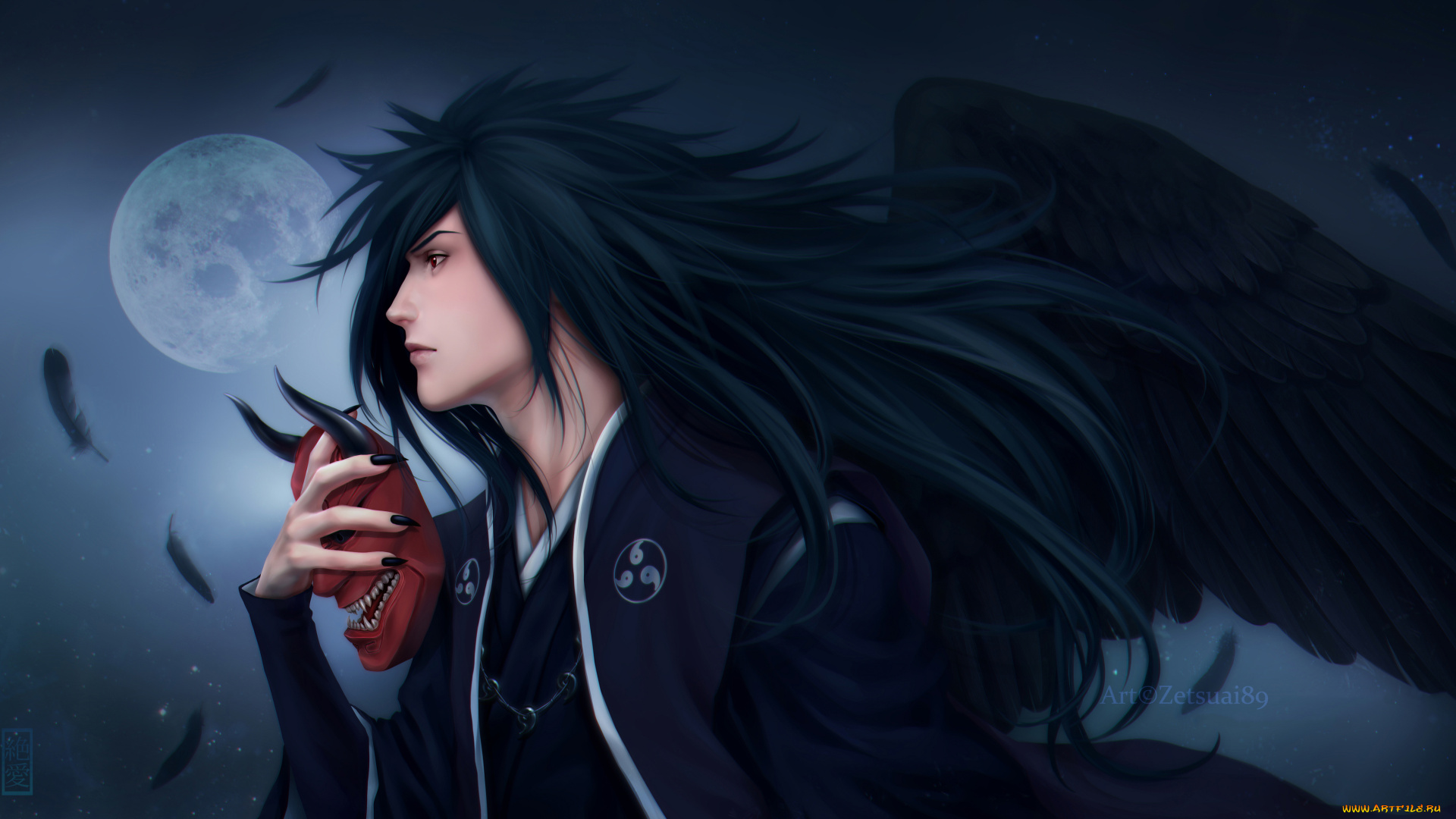 аниме, naruto, маска, парен, uchiha, madara, крылья, перья, ночь, zetsuai89, art, луна, наруто