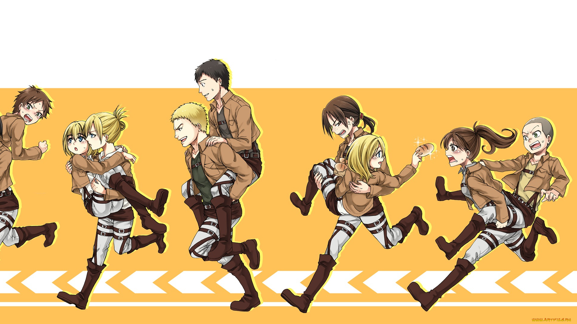 аниме, shingeki, no, kyojin, атака, титанов, арт, персонажи, жёлтый, фон