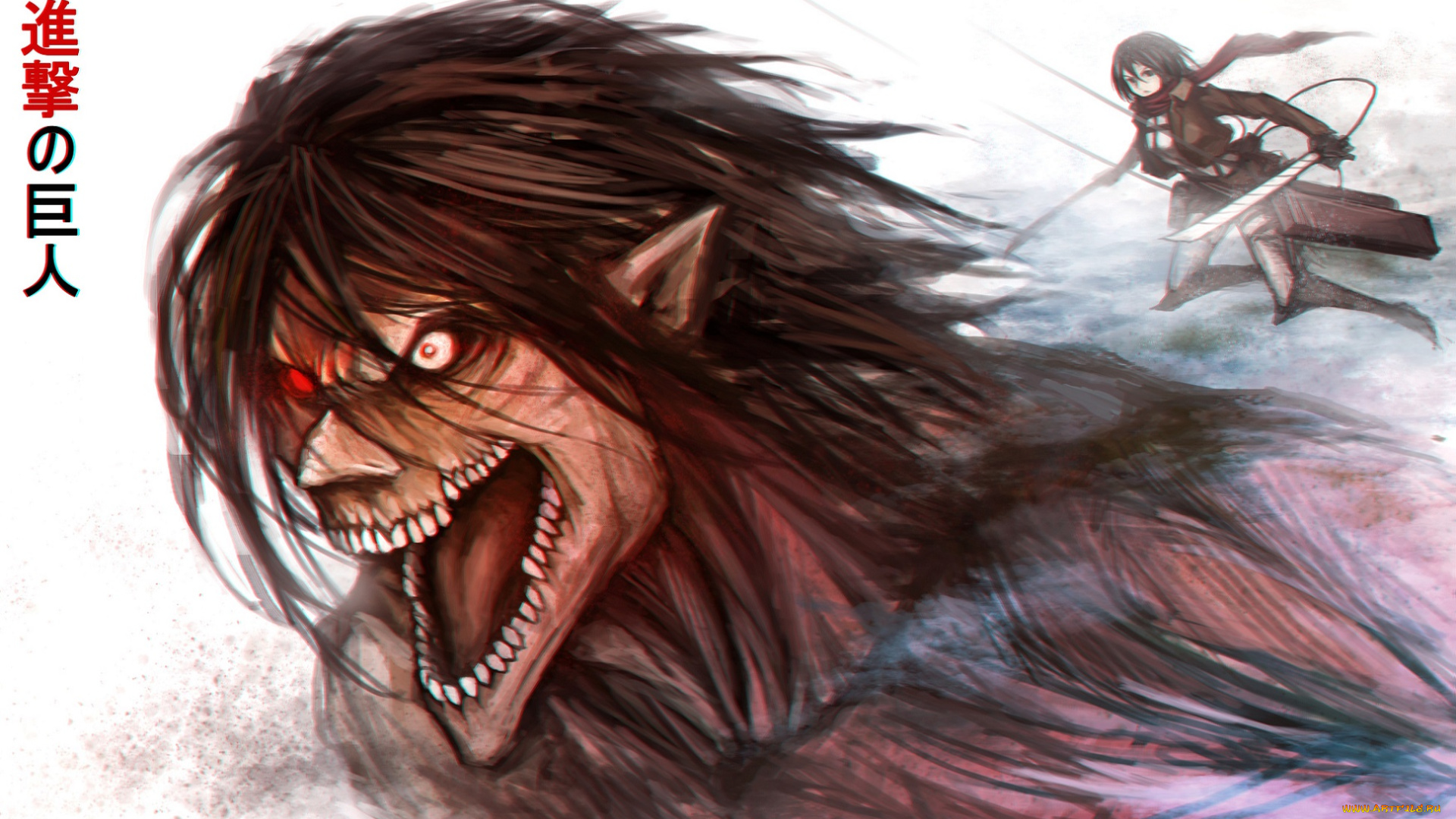 аниме, shingeki, no, kyojin, титан, eren, jaeger, mikasa, ackerman