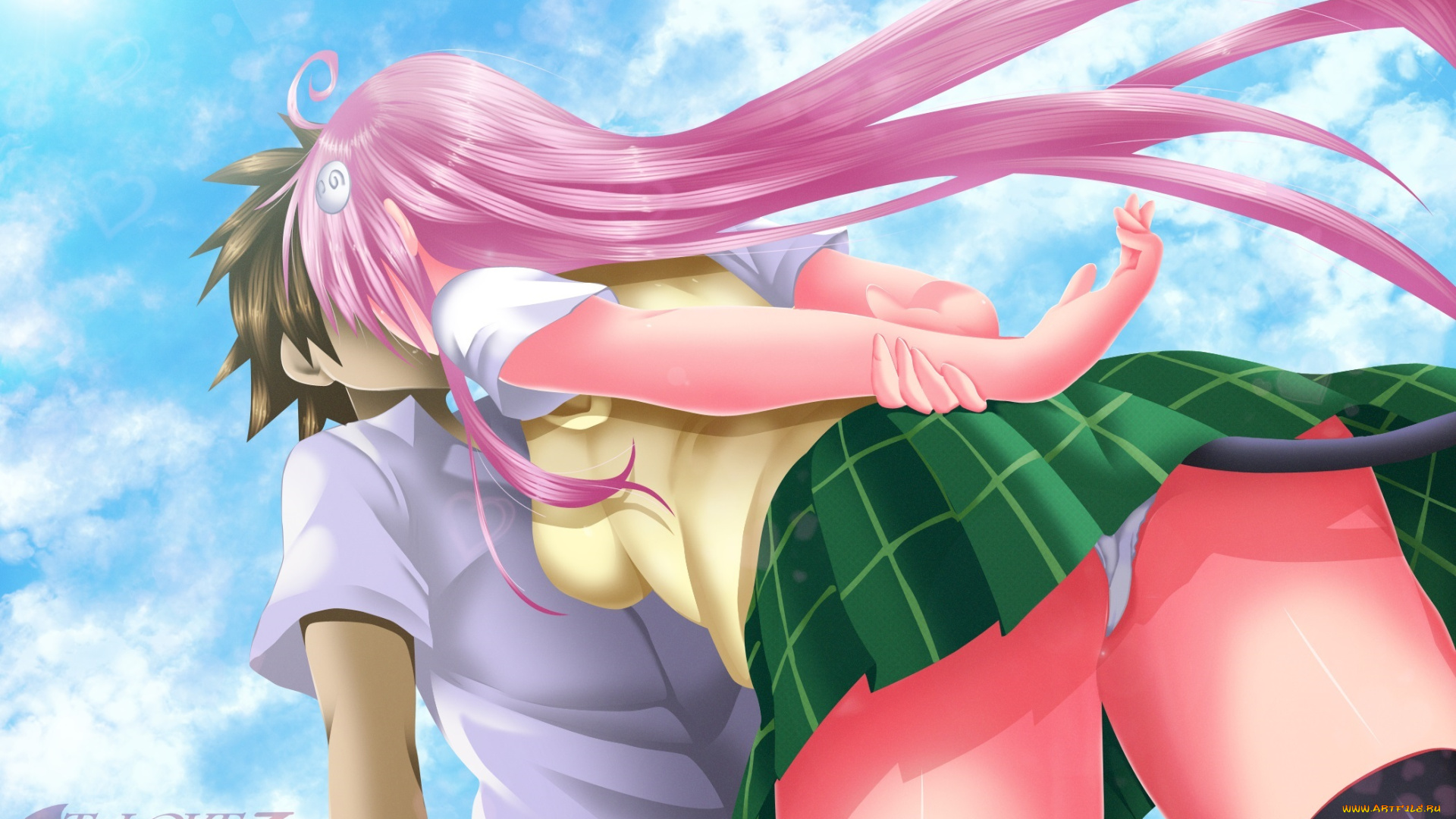 аниме, to-love-ru, волосы, облака, поцелуй, девочка, мальчик, yuuki, rito, lala, satalin, deviluke