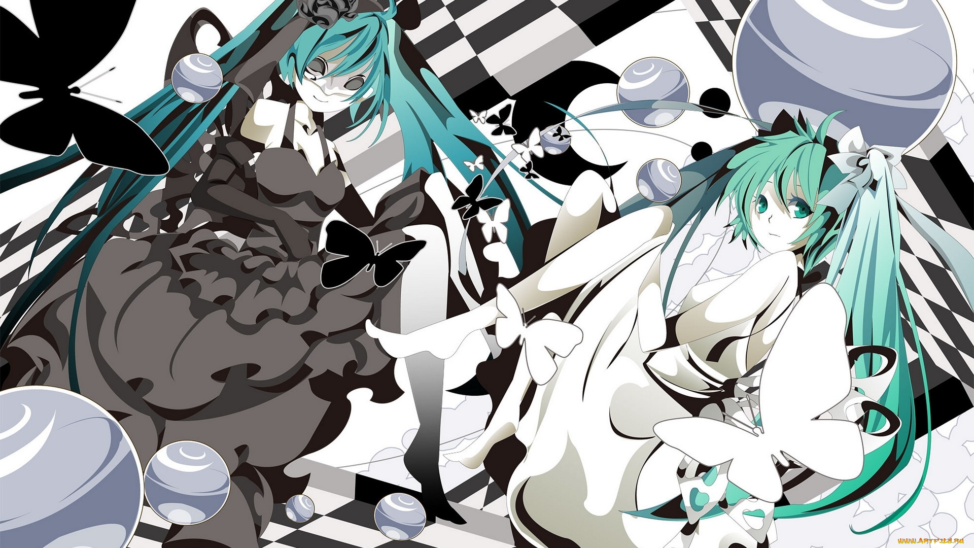 аниме, vocaloid, hatsune, miku, шары, бант, бабочки, платье, шахматная, доска, маска, белое, черное, девушки