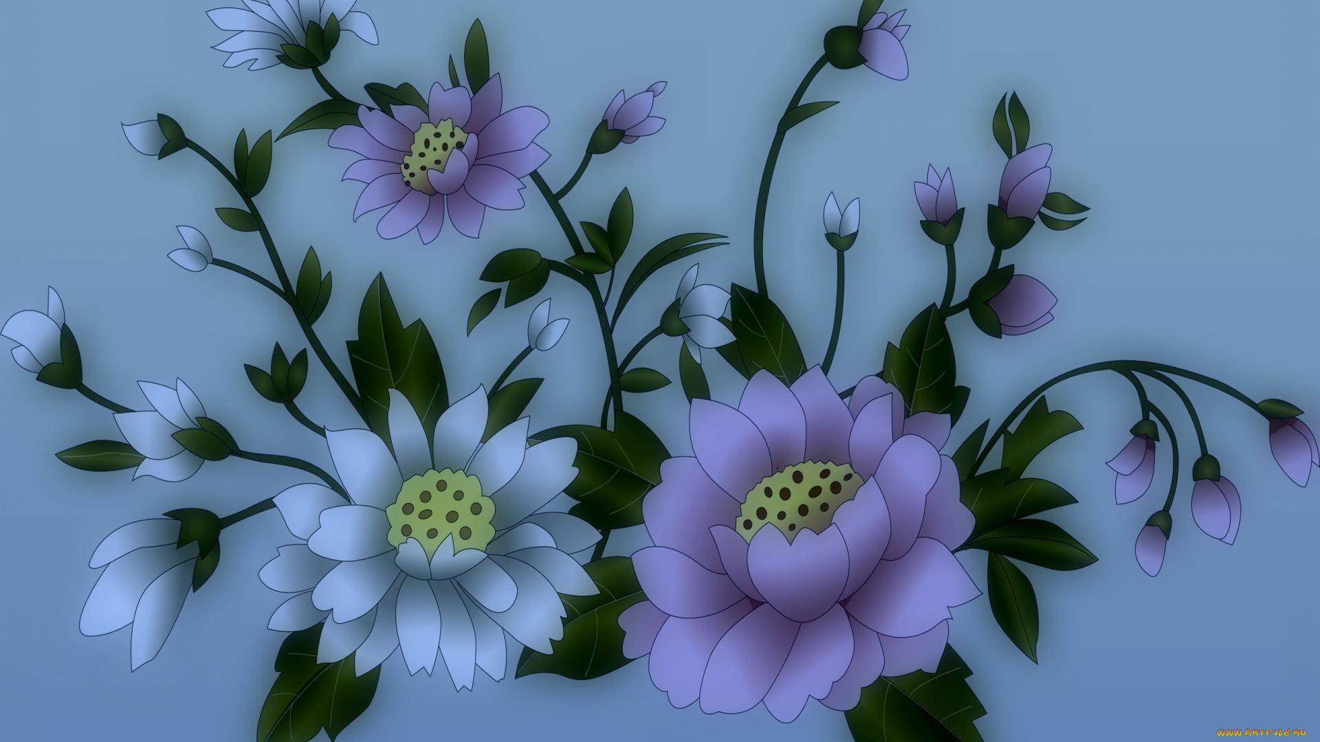 рисованные, цветы, листья, фон