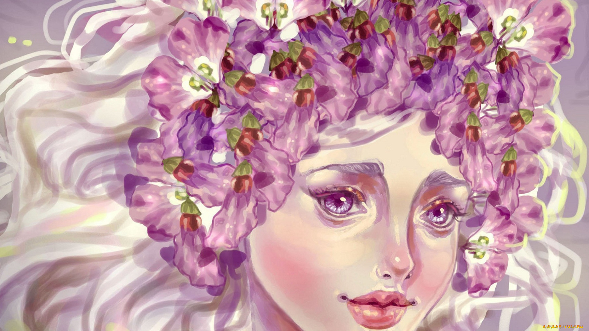 рисованные, люди, глаза, sillselly, губы, цветы, волосы, лицо, девушка, арт, взгляд