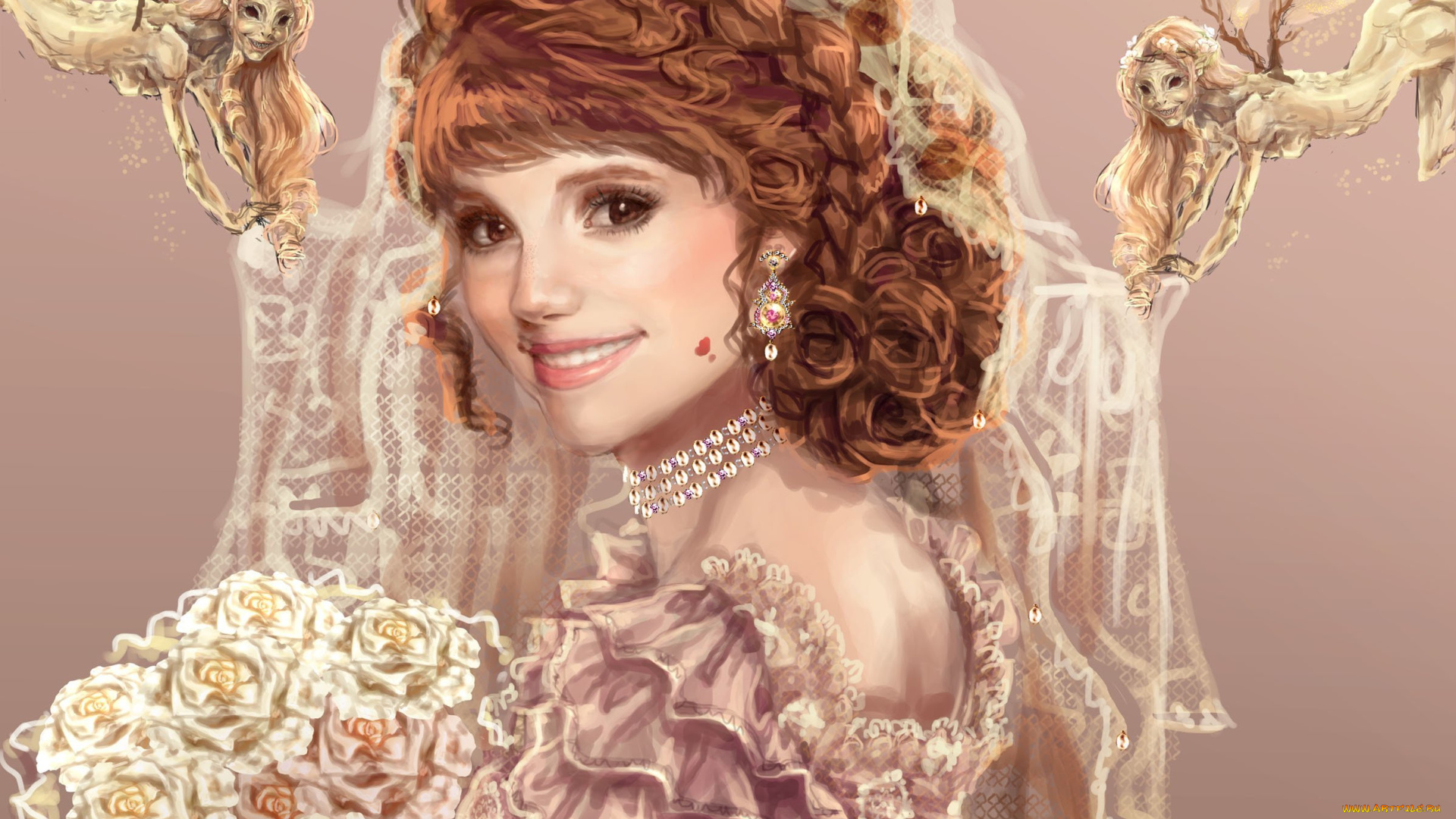 рисованные, люди, платье, взгляд, букет, невеста, sillselly, улыбка, девушка