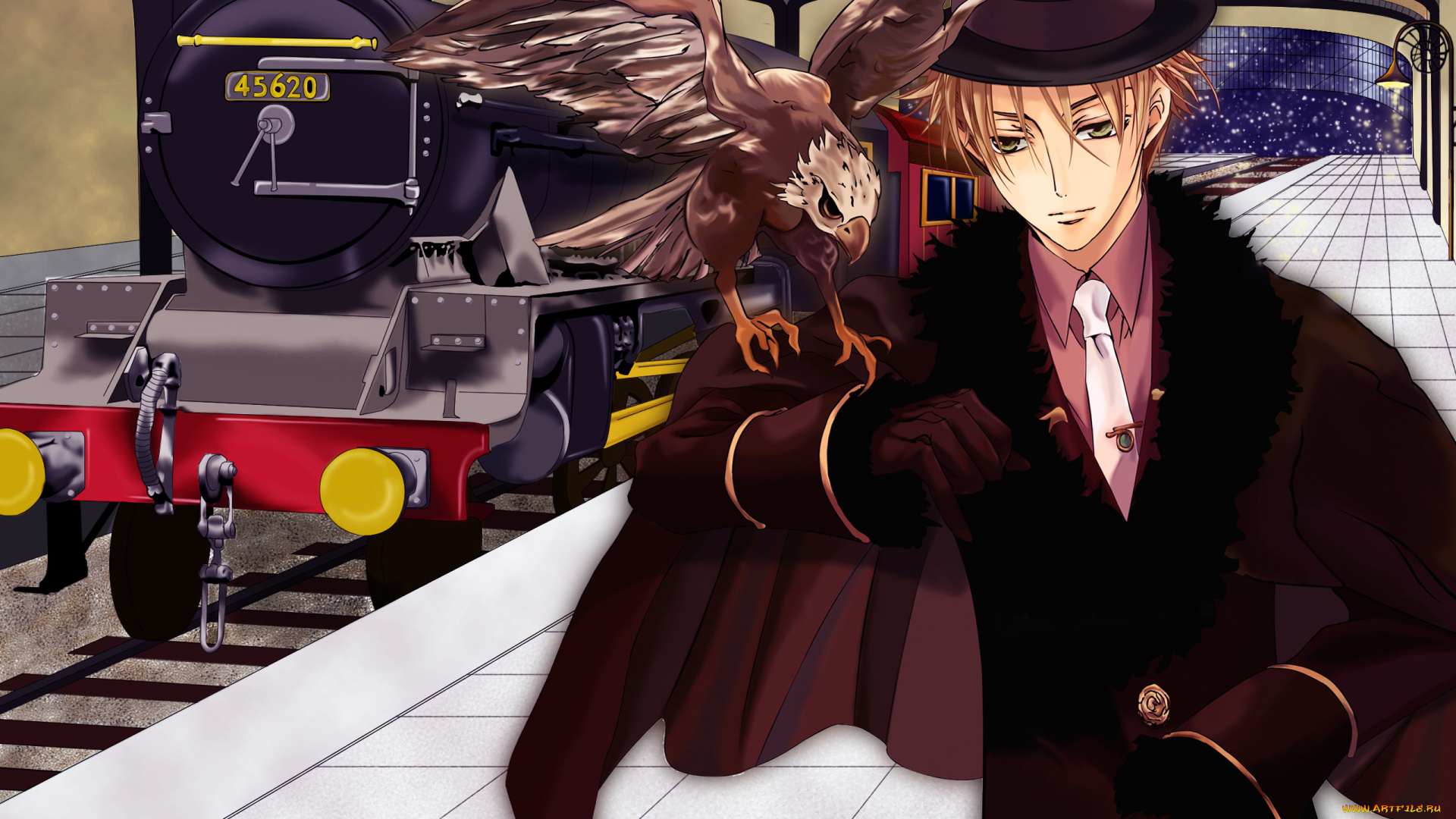 stray, love, hearts, аниме, *unknown, , другое, ninomiya, kito, парень, шляпа, арт, stray, love, hearts, поезд, трость, птица