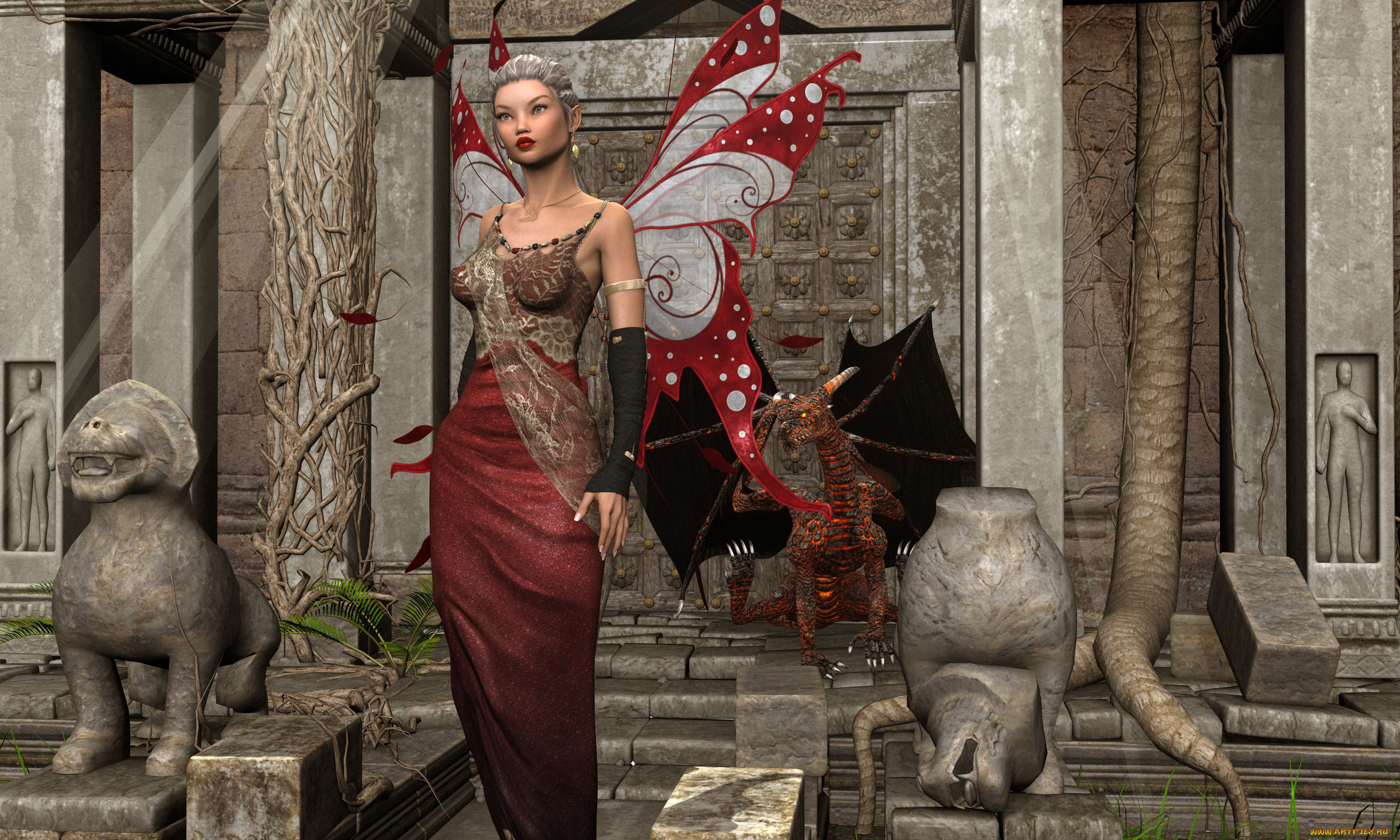 3д, графика, эльфы, , elves, взгляд, девушка, крылья, скульптуры