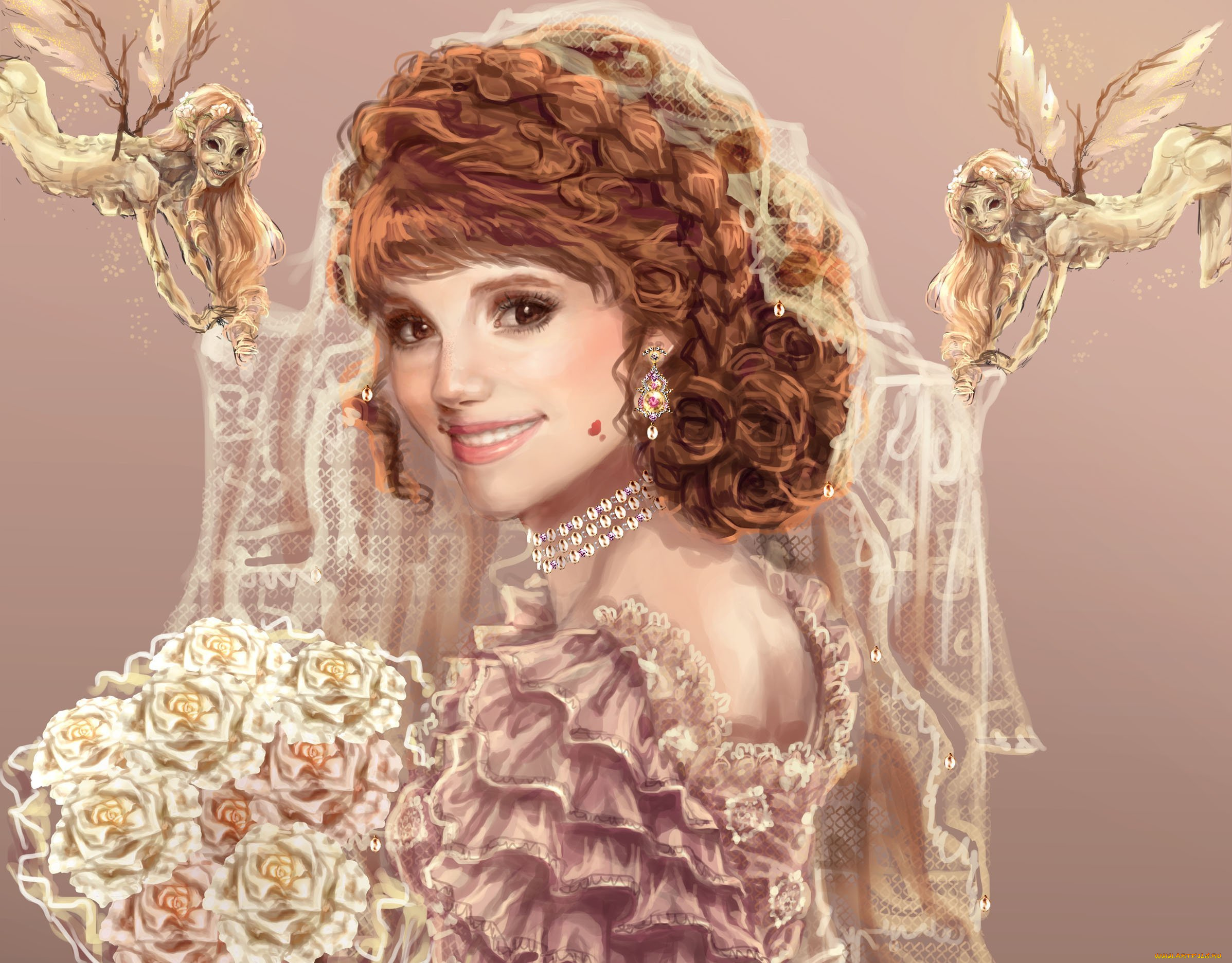 рисованные, люди, платье, взгляд, букет, невеста, sillselly, улыбка, девушка