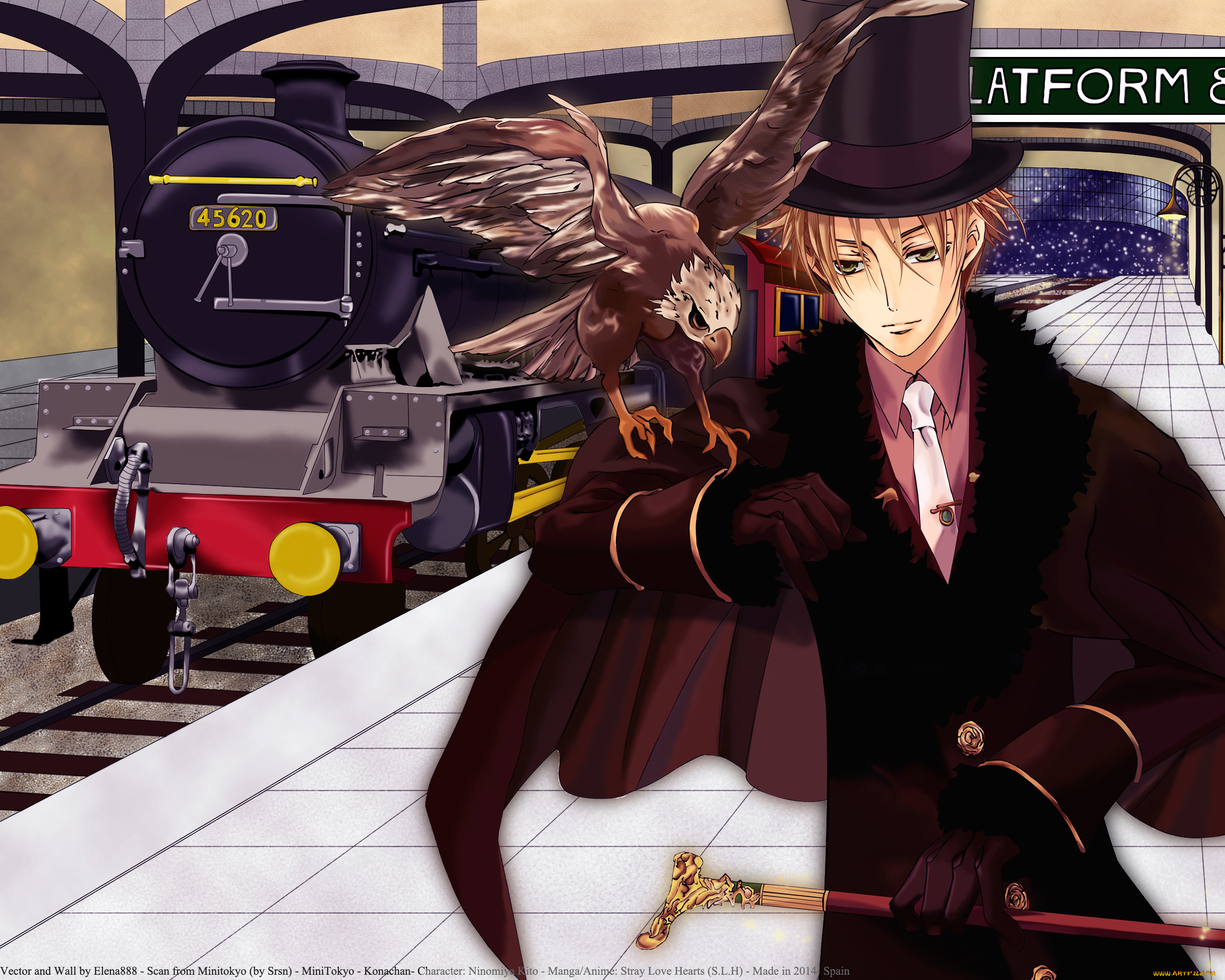 stray, love, hearts, аниме, *unknown, , другое, ninomiya, kito, парень, шляпа, арт, stray, love, hearts, поезд, трость, птица