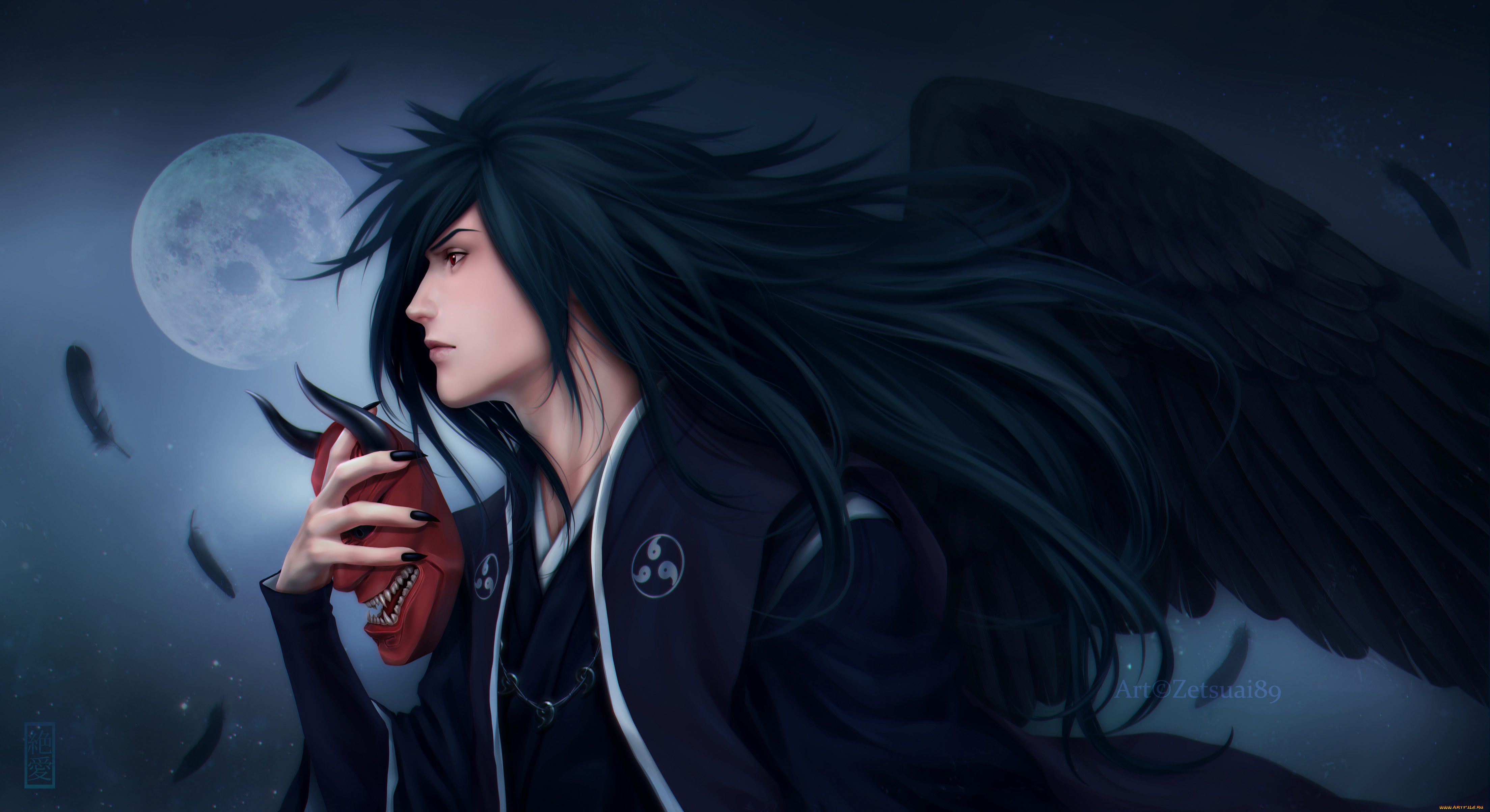 аниме, naruto, маска, парен, uchiha, madara, крылья, перья, ночь, zetsuai89, art, луна, наруто