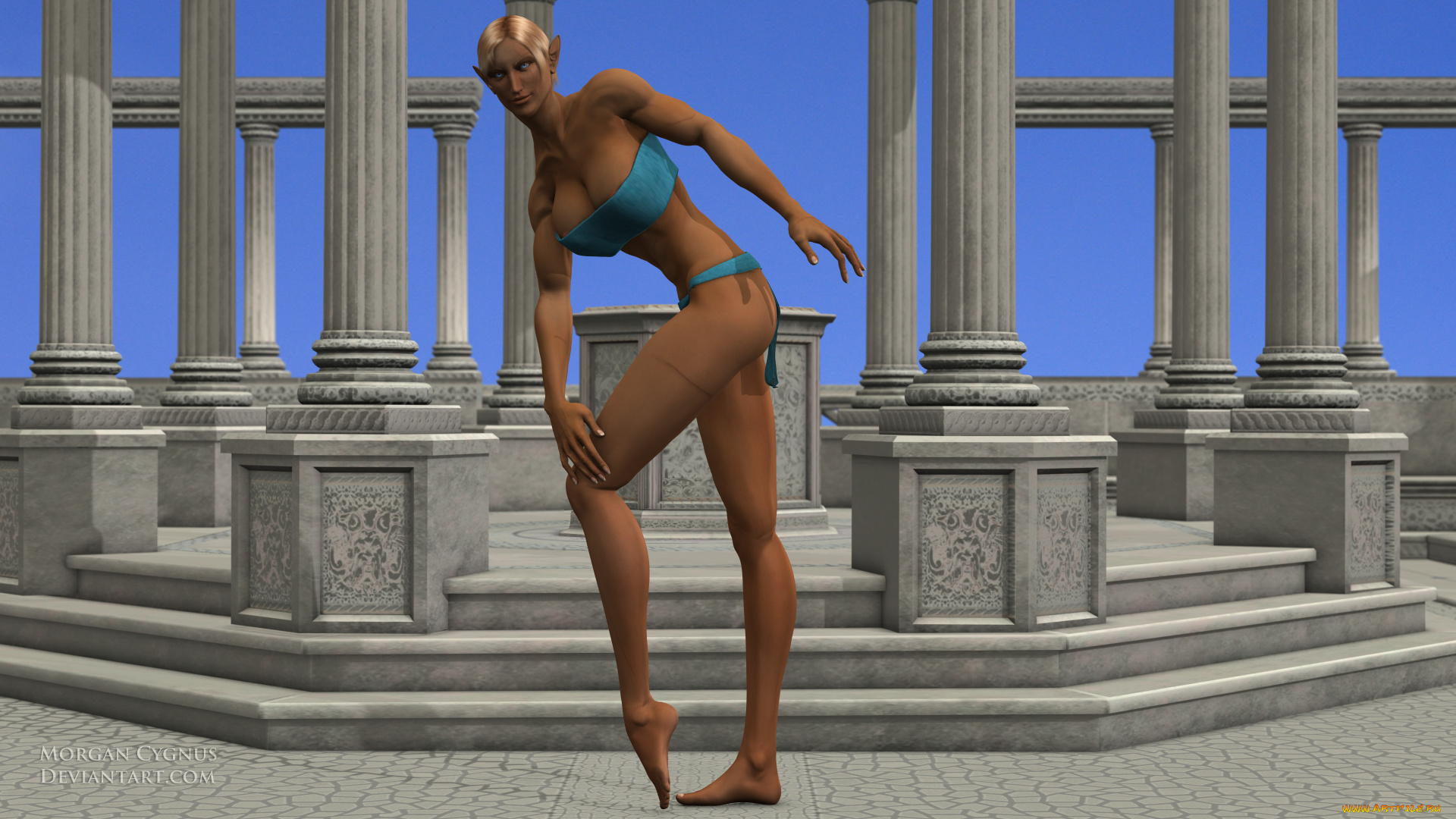 3д, графика, эльфы, , elves, колоны, фон, взгляд, эльфийка