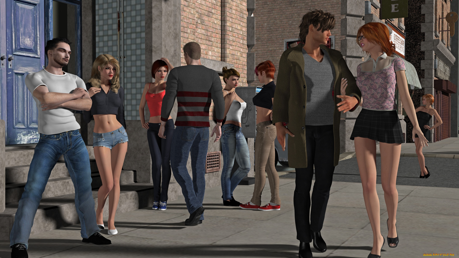 3д, графика, люди, , people, девушки, взгляд, фон, парни, улица