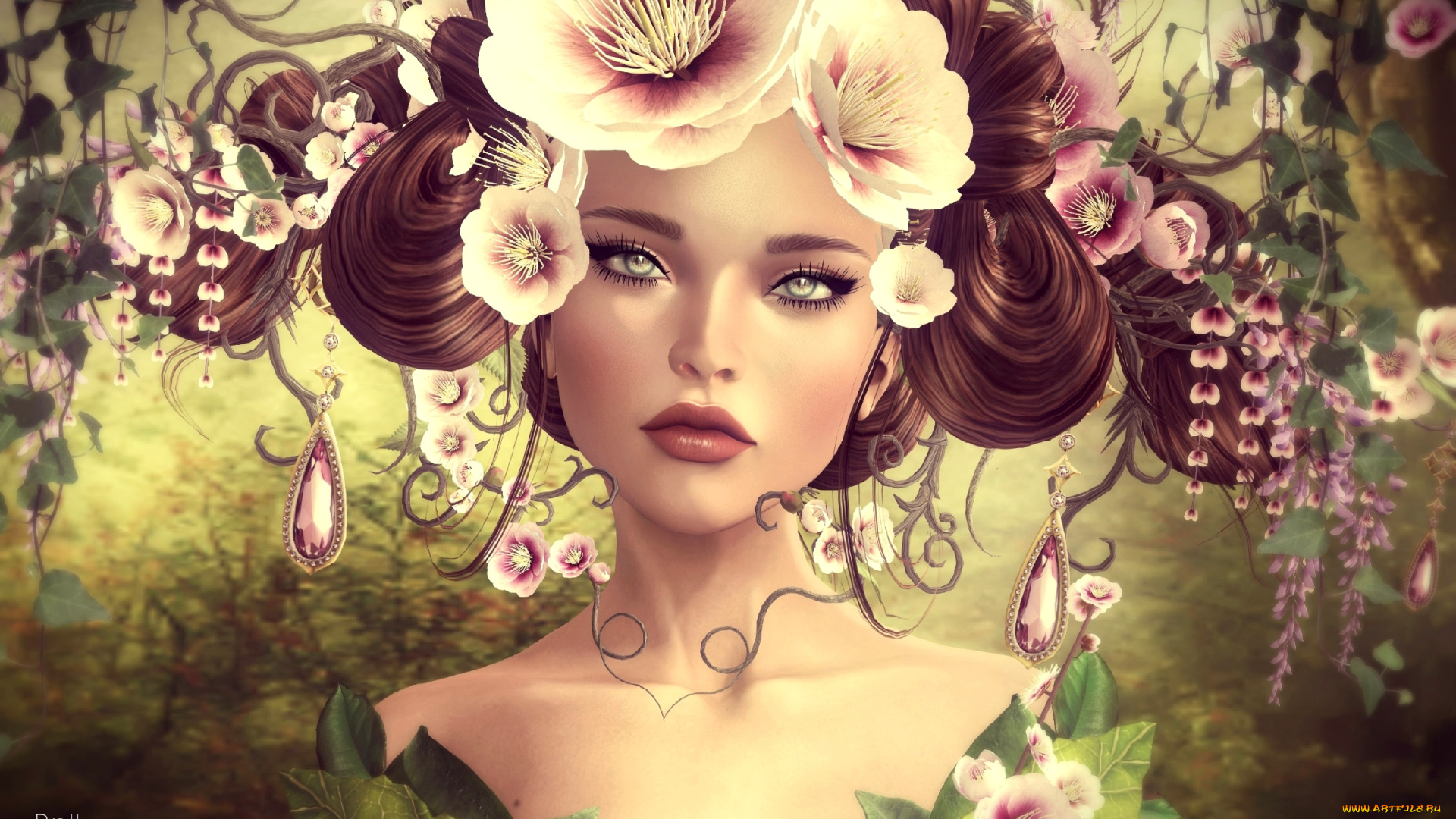 3д, графика, портрет, , portraits, девушка, цветы, прическа, портрет