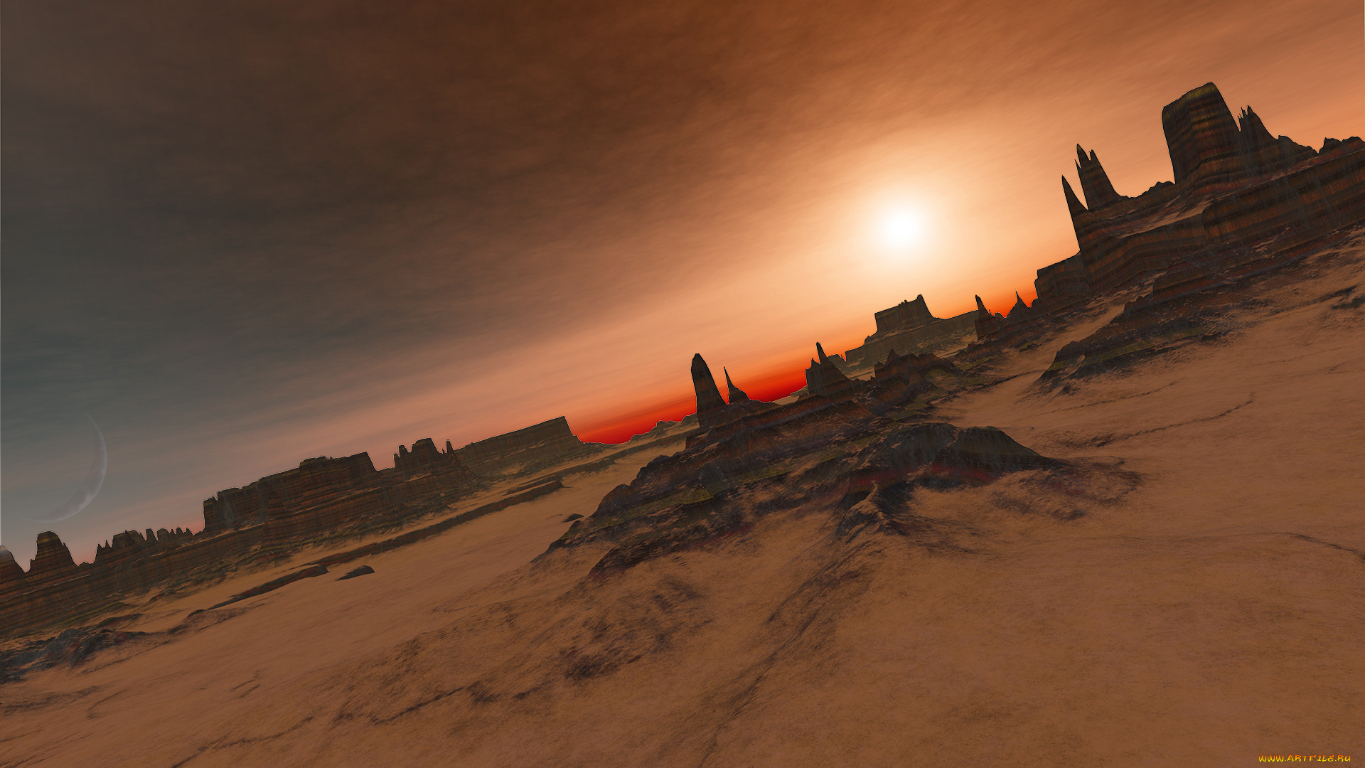 3д, графика, природа, , nature, пустыня, горы, закат, луна