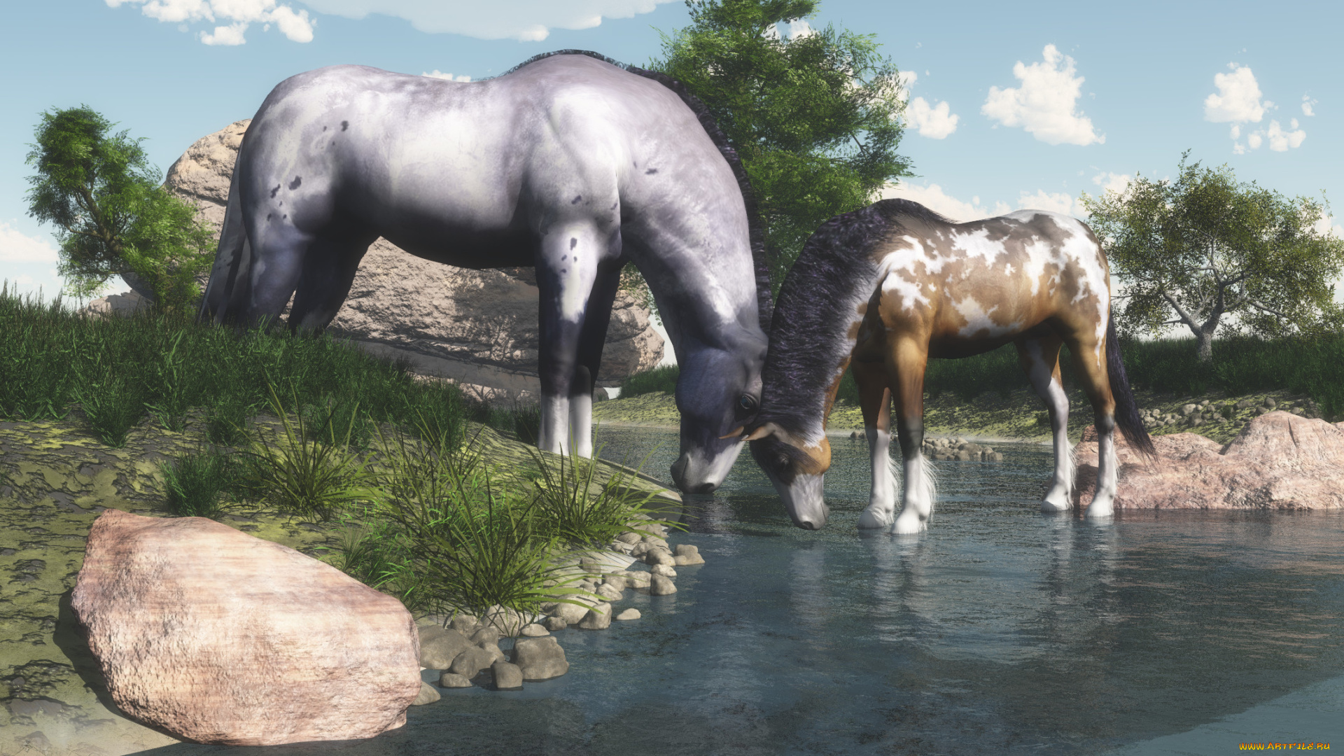 3д, графика, животные, , animals, река, лошади