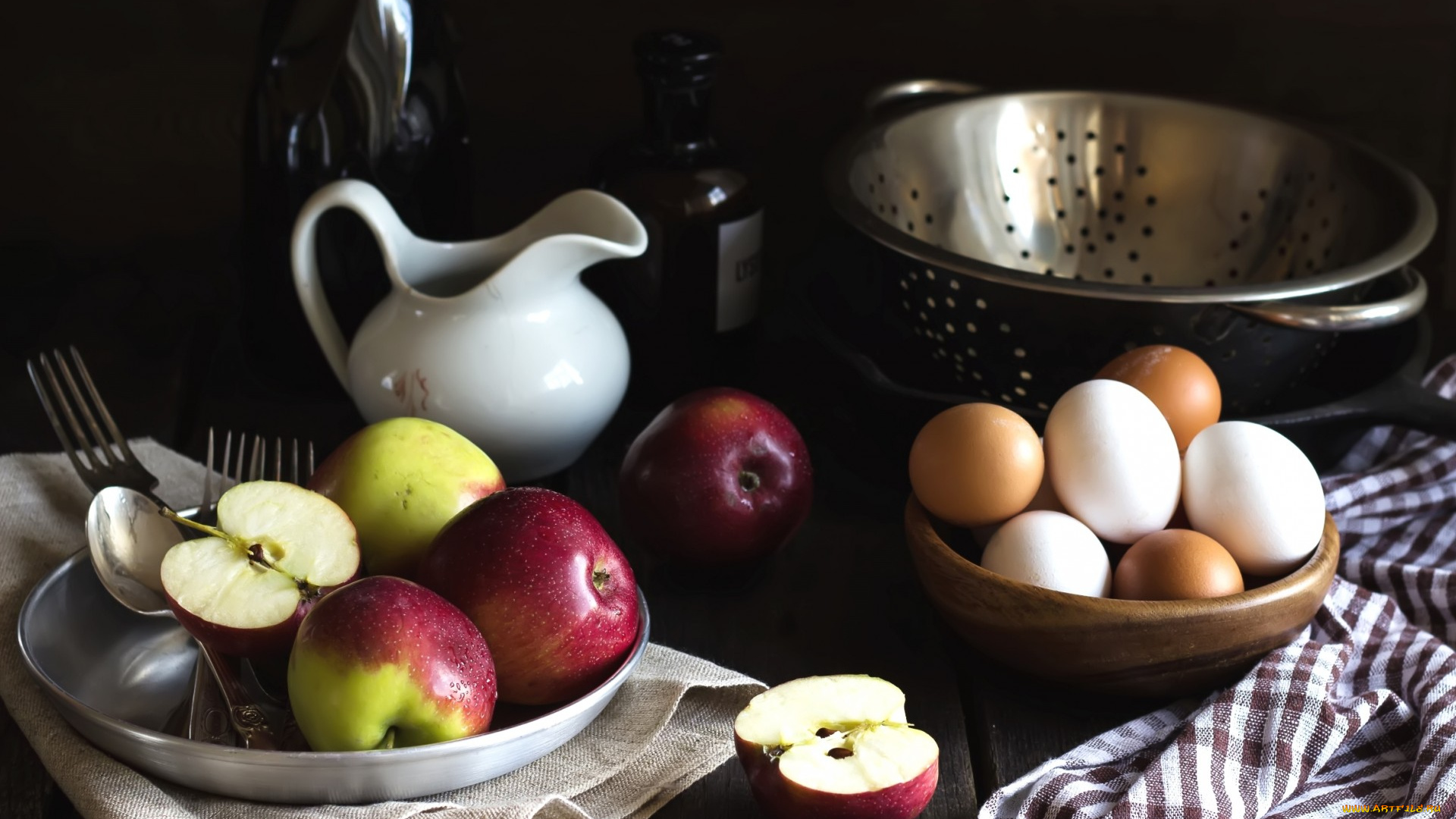 еда, разное, натюрморт, кувшин, яйца, яблоки