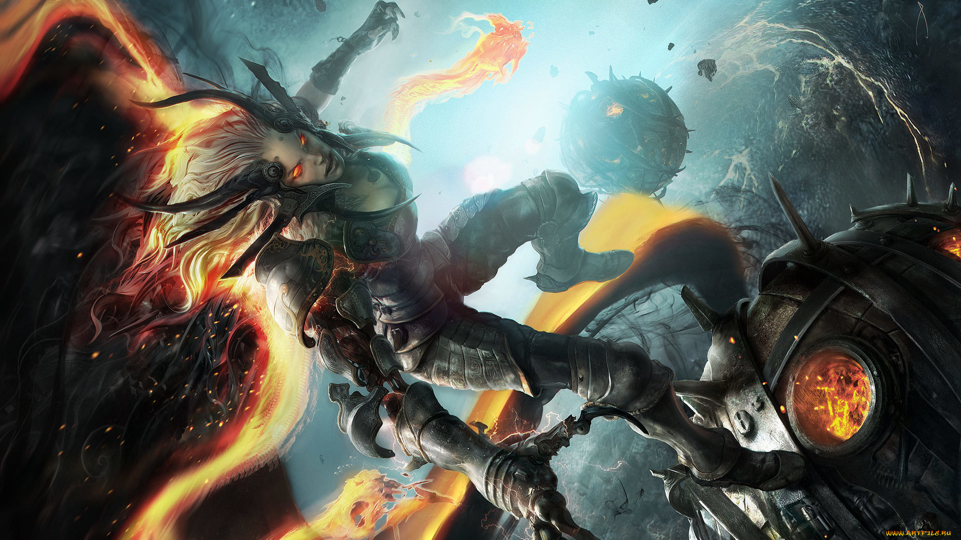 фэнтези, демоны, фантастика, агрессия, рога, взгляд, девушка, демон, арт