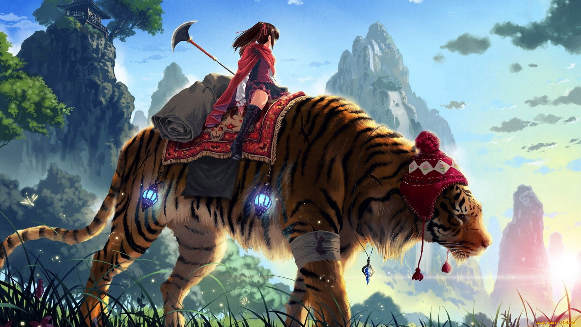 фэнтези, красавицы, и, чудовища, азиатка, девушка, тигр