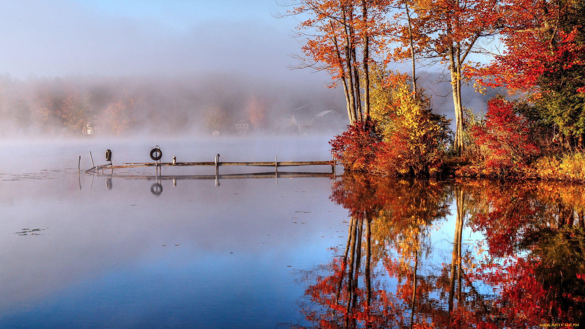 природа, реки, озера, туман, озеро, осень