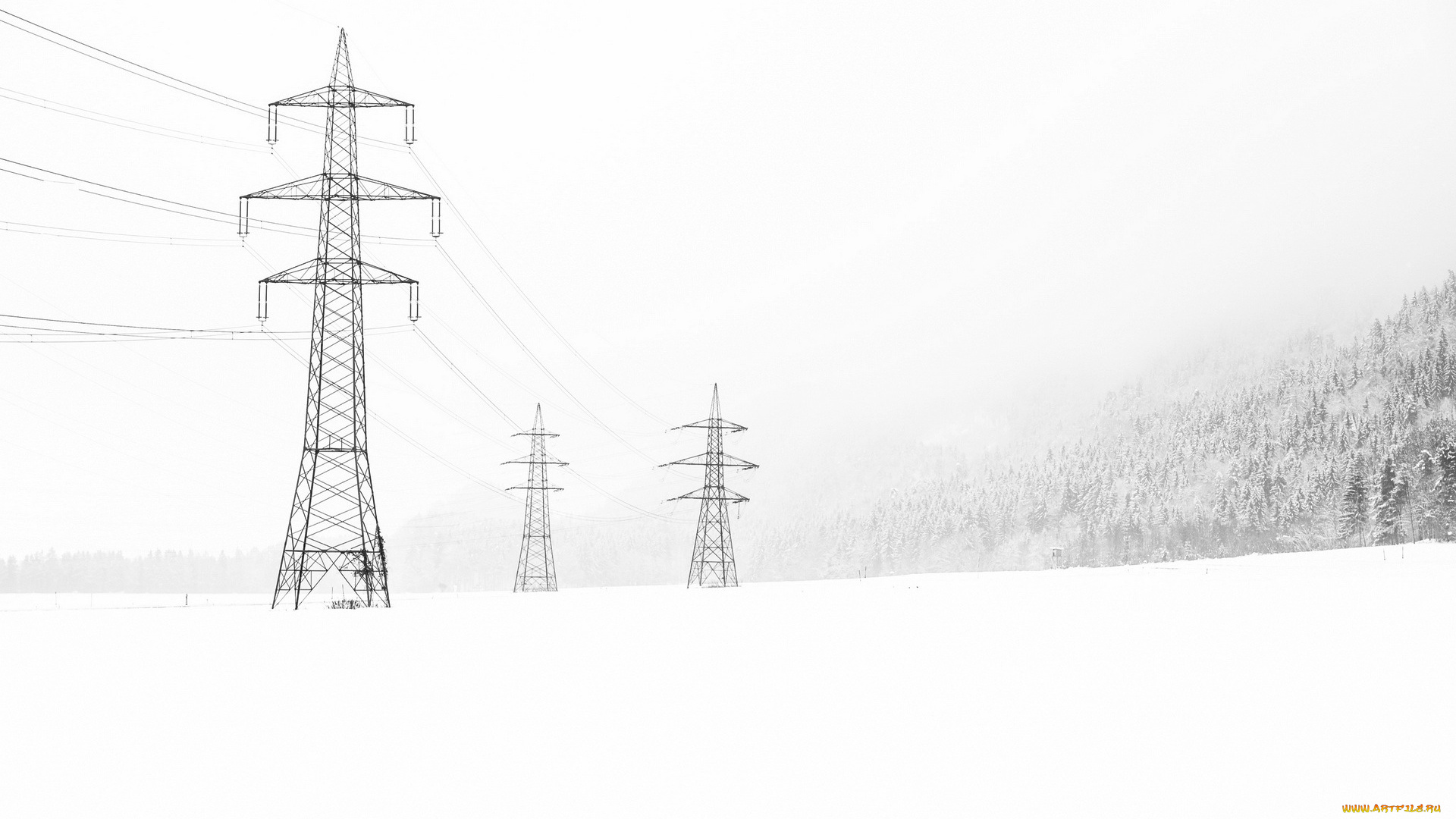 природа, зима, пейзаж, лэп, снег