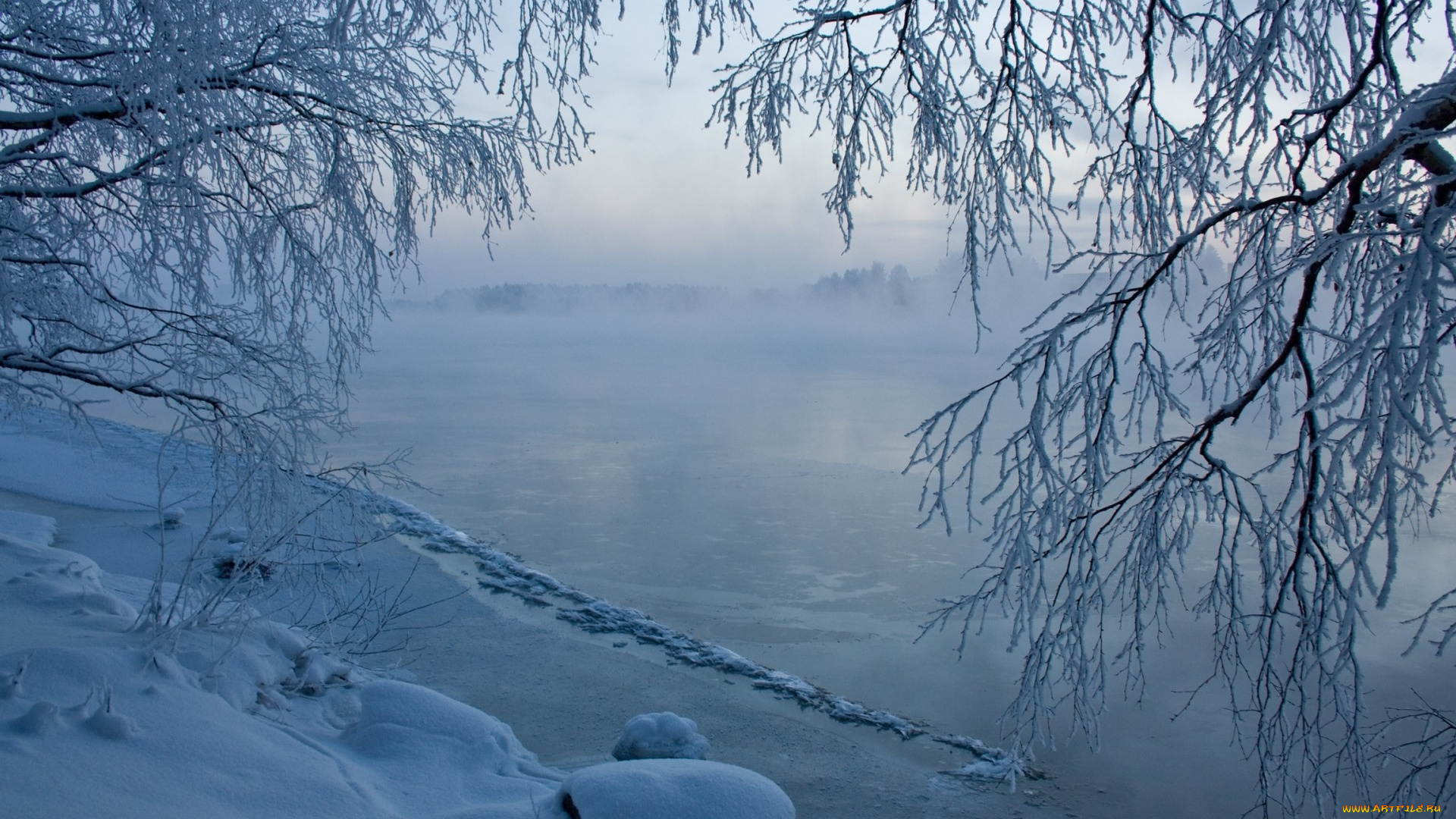 природа, зима, снег, деревья, дымка, лед, река