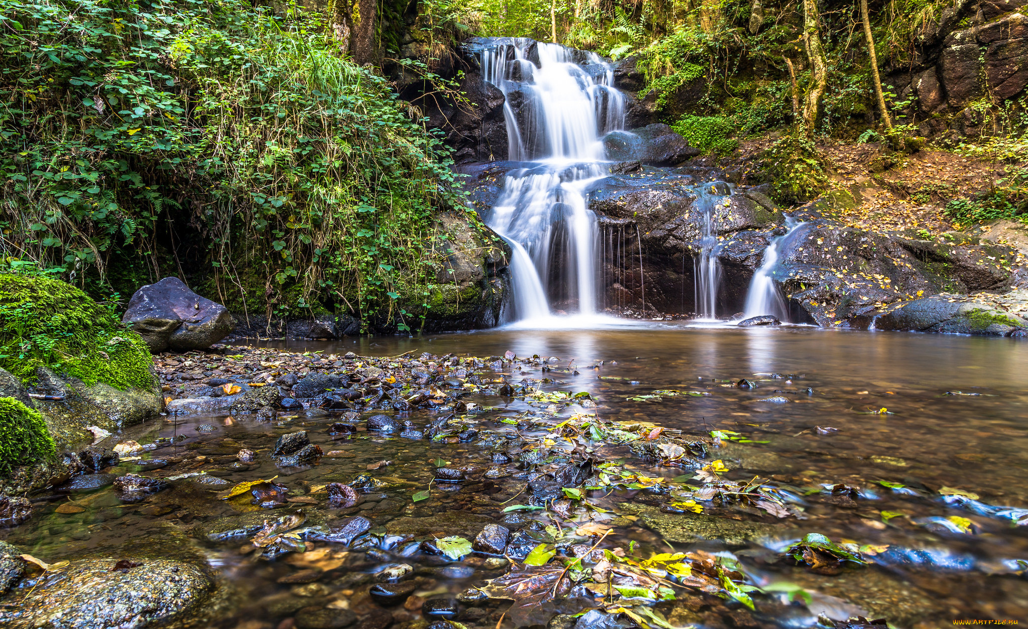 природа, водопады, река, лес, водопад
