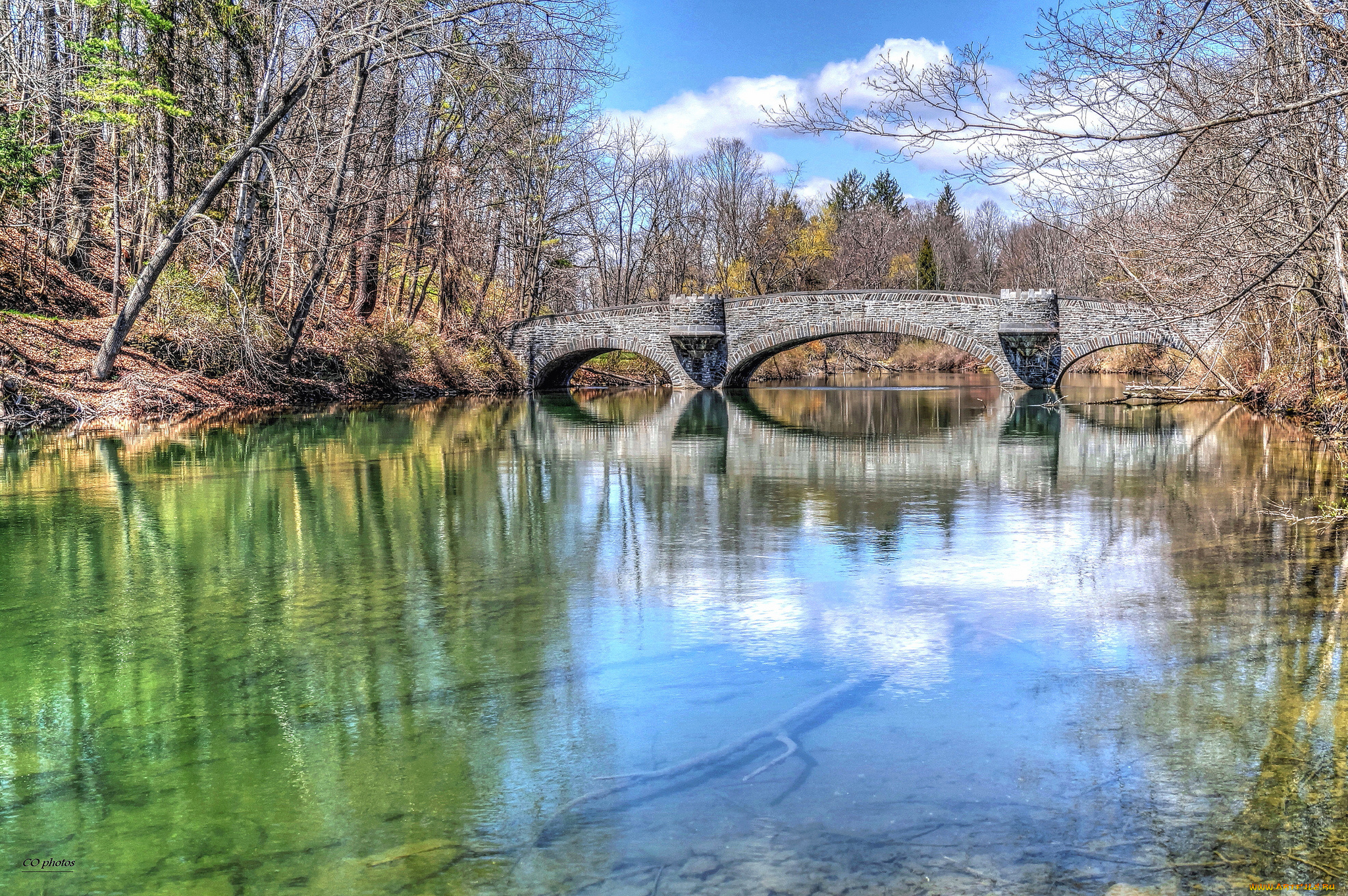 природа, парк, лес, река, мост