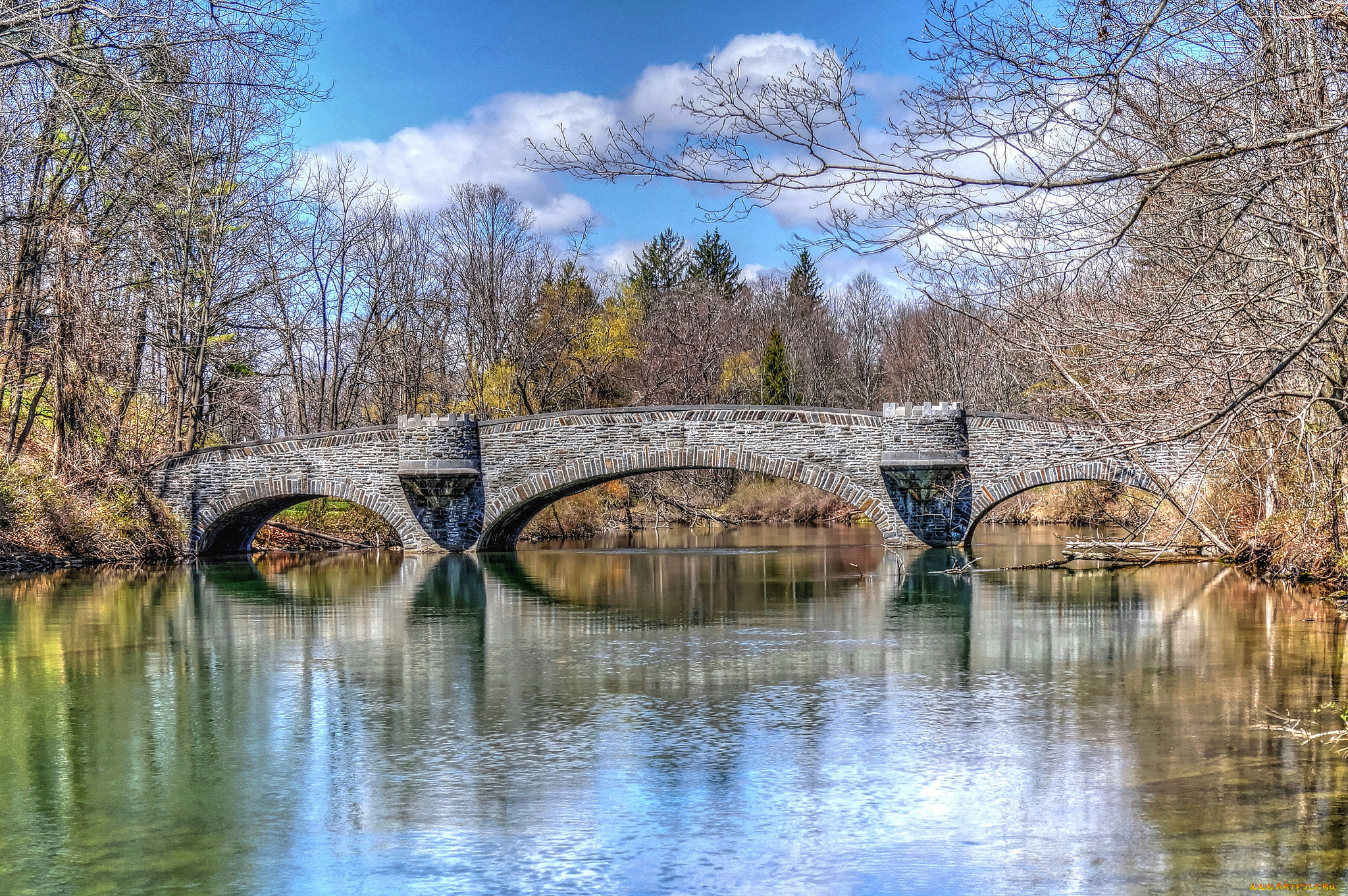 природа, парк, лес, река, мост