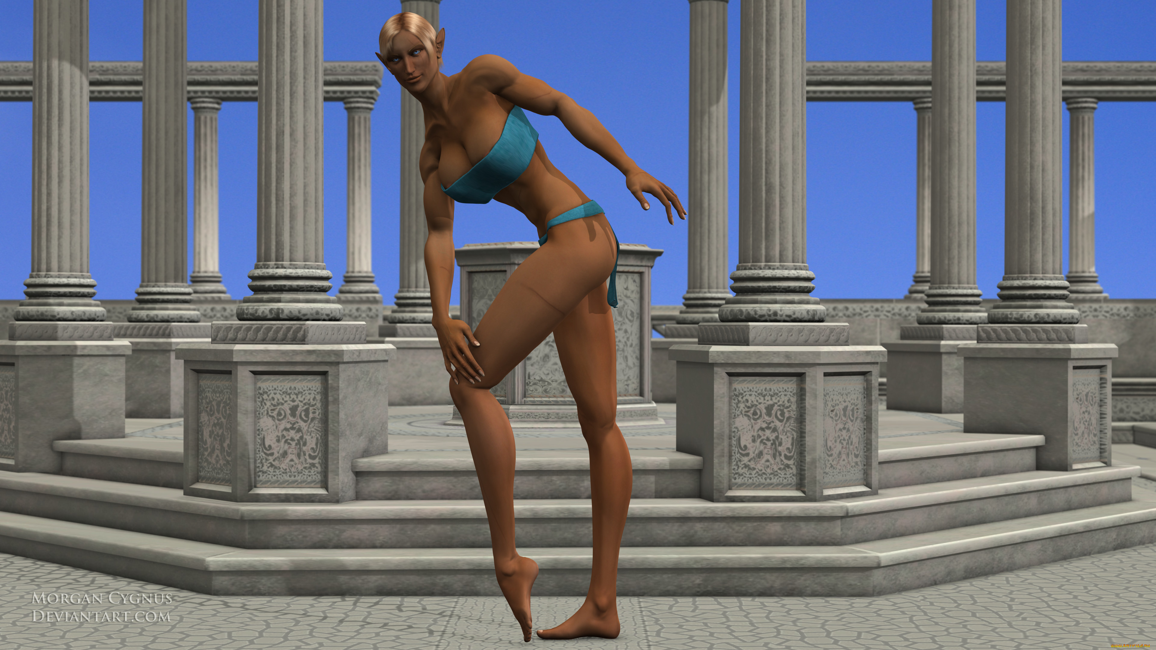 3д, графика, эльфы, , elves, колоны, фон, взгляд, эльфийка