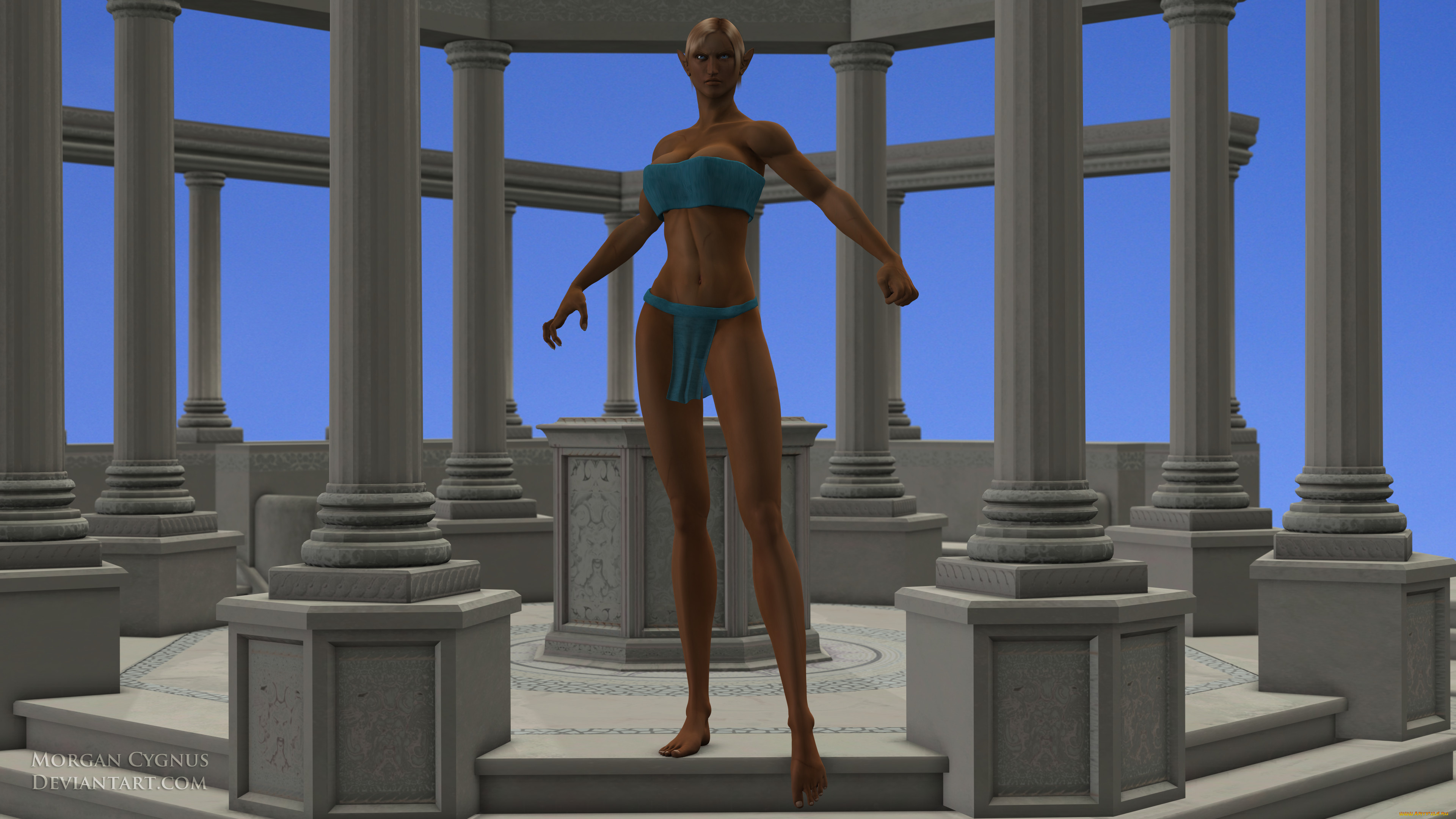 3д, графика, эльфы, , elves, колоны, фон, взгляд, эльфийка