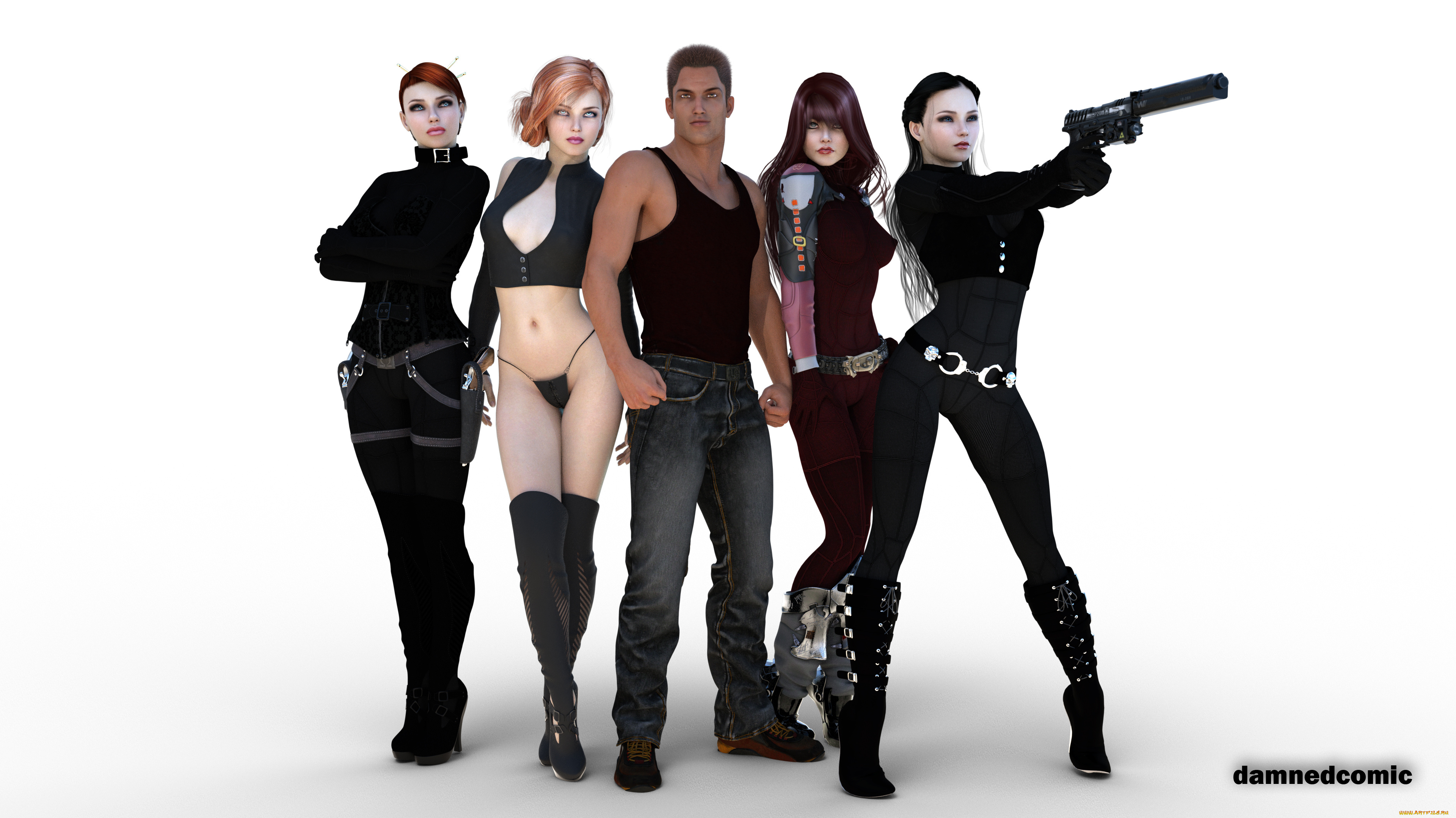 3д, графика, люди, , people, девушки, взгляд, фон, оружие, парень