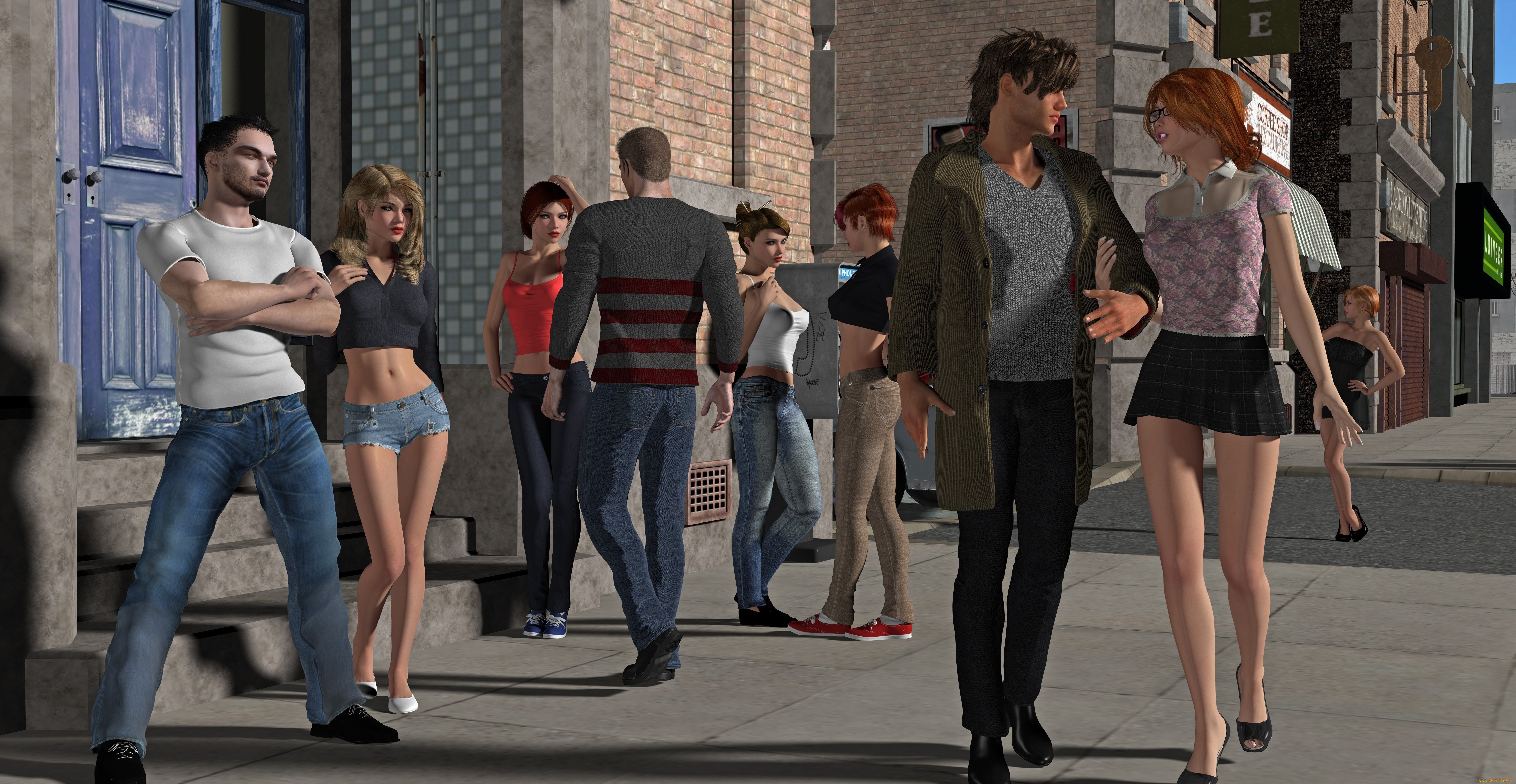 3д, графика, люди, , people, девушки, взгляд, фон, парни, улица