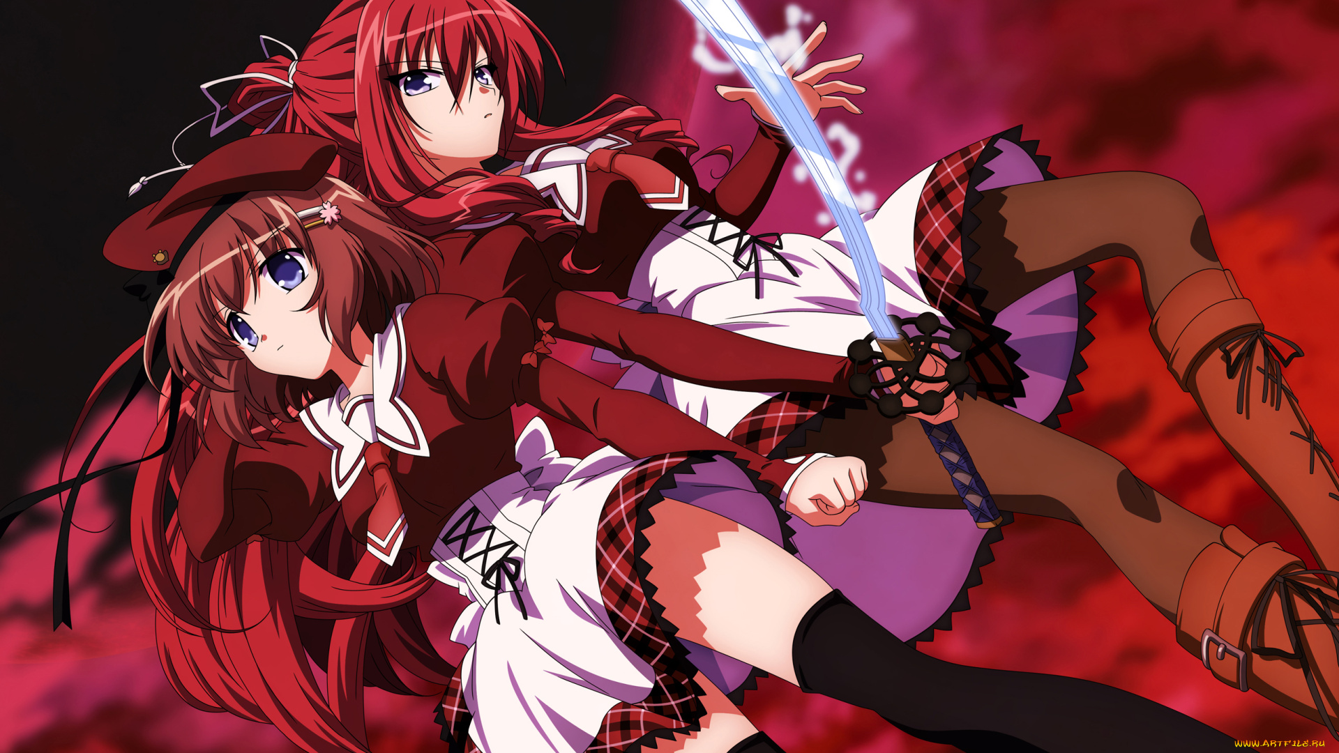 аниме, 11eyes, фон, взгляд, девушки