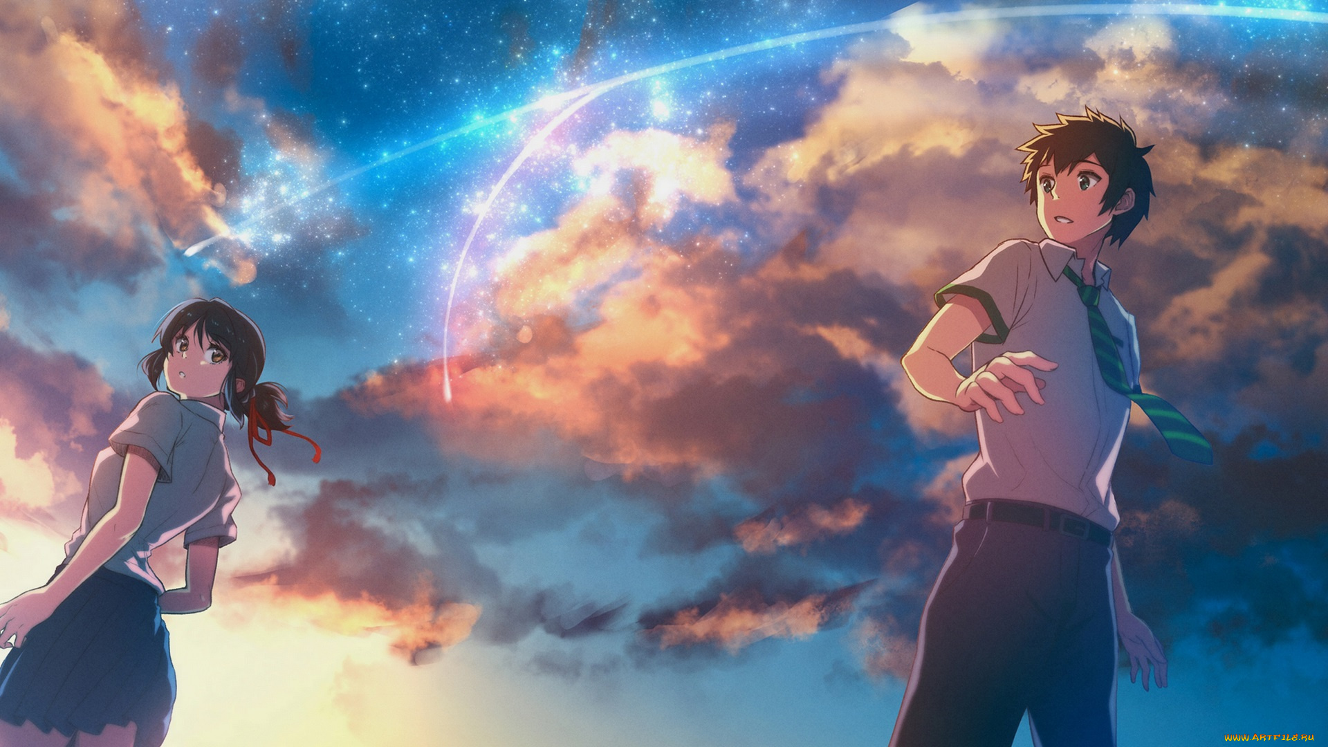аниме, kimi, no, na, wa, небо, девушка, парень