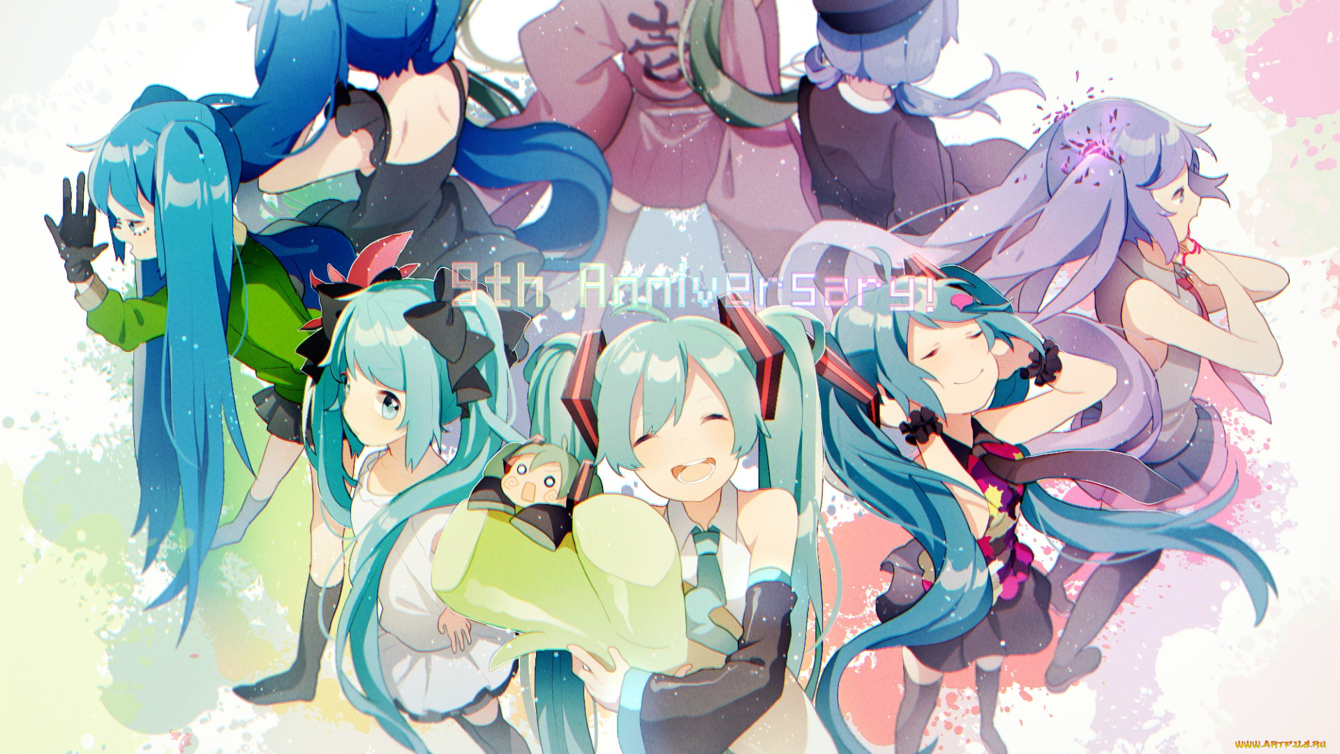 аниме, vocaloid, девушки, взгляд, фон