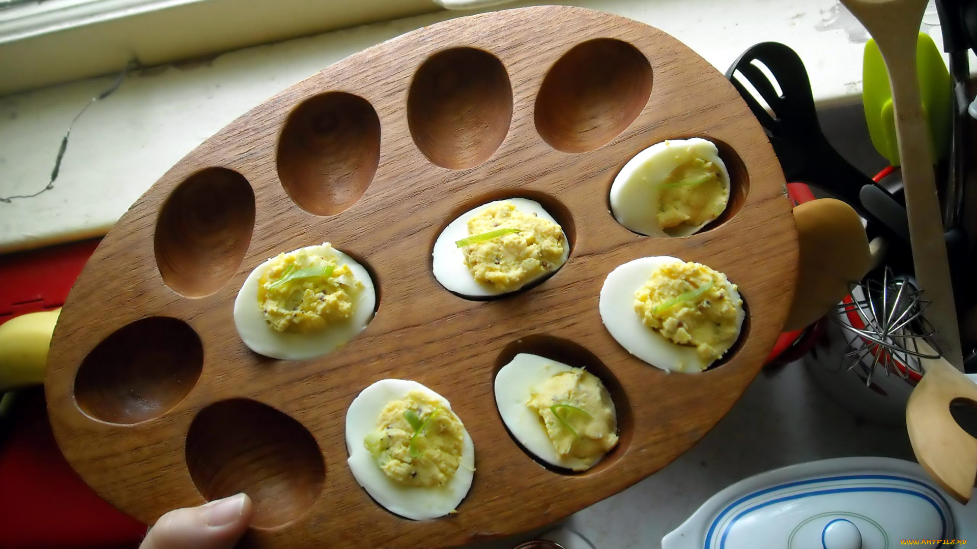 еда, Яичные, блюда, блюдо, деревянное, фаршированные